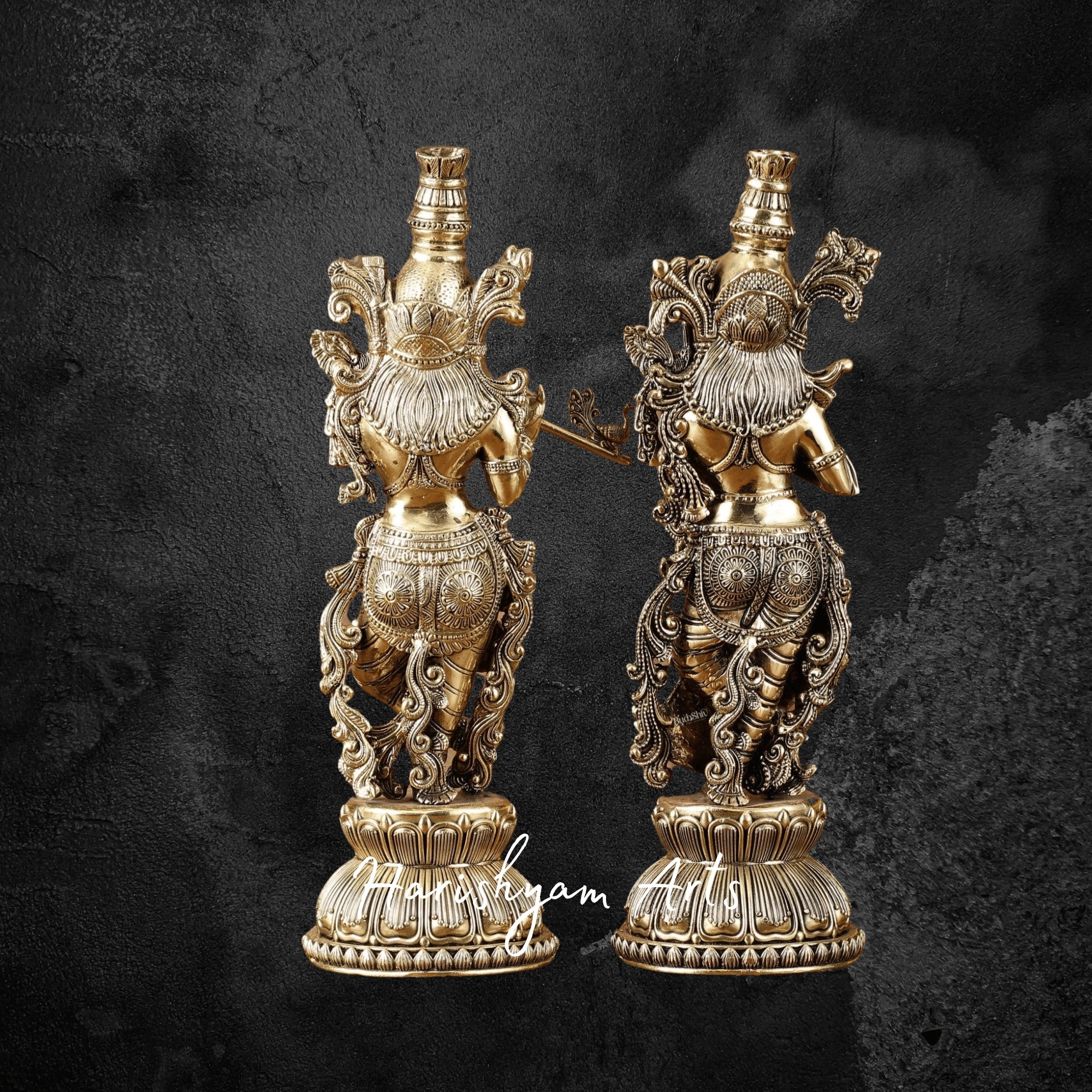 11" Intricately Carved Pure Brass Radha Krishna Sculpture for Temple Use