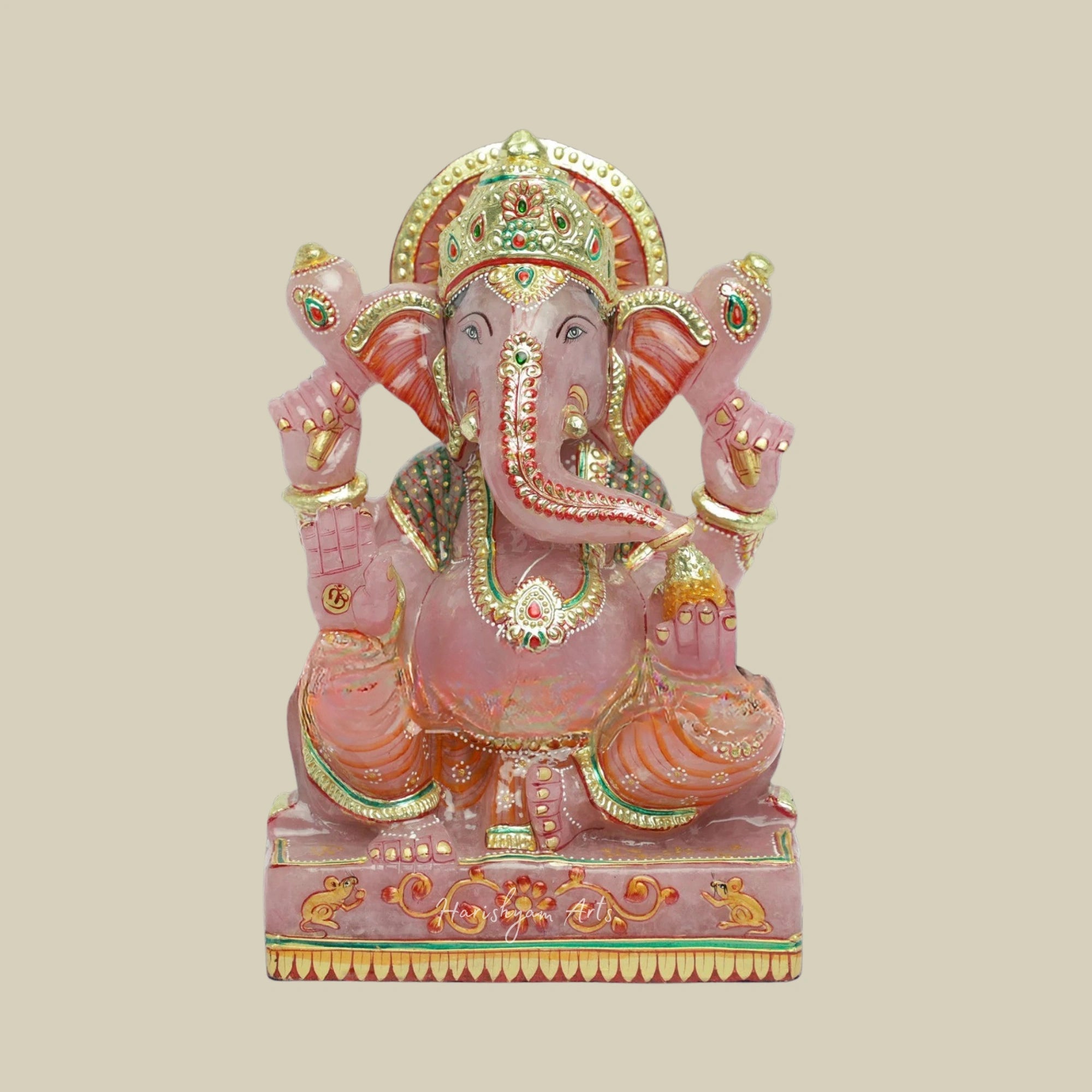 11" Lord Ganesha Rose Idol Handpainted Crystal Ganpati Murti for Home Temple Decor