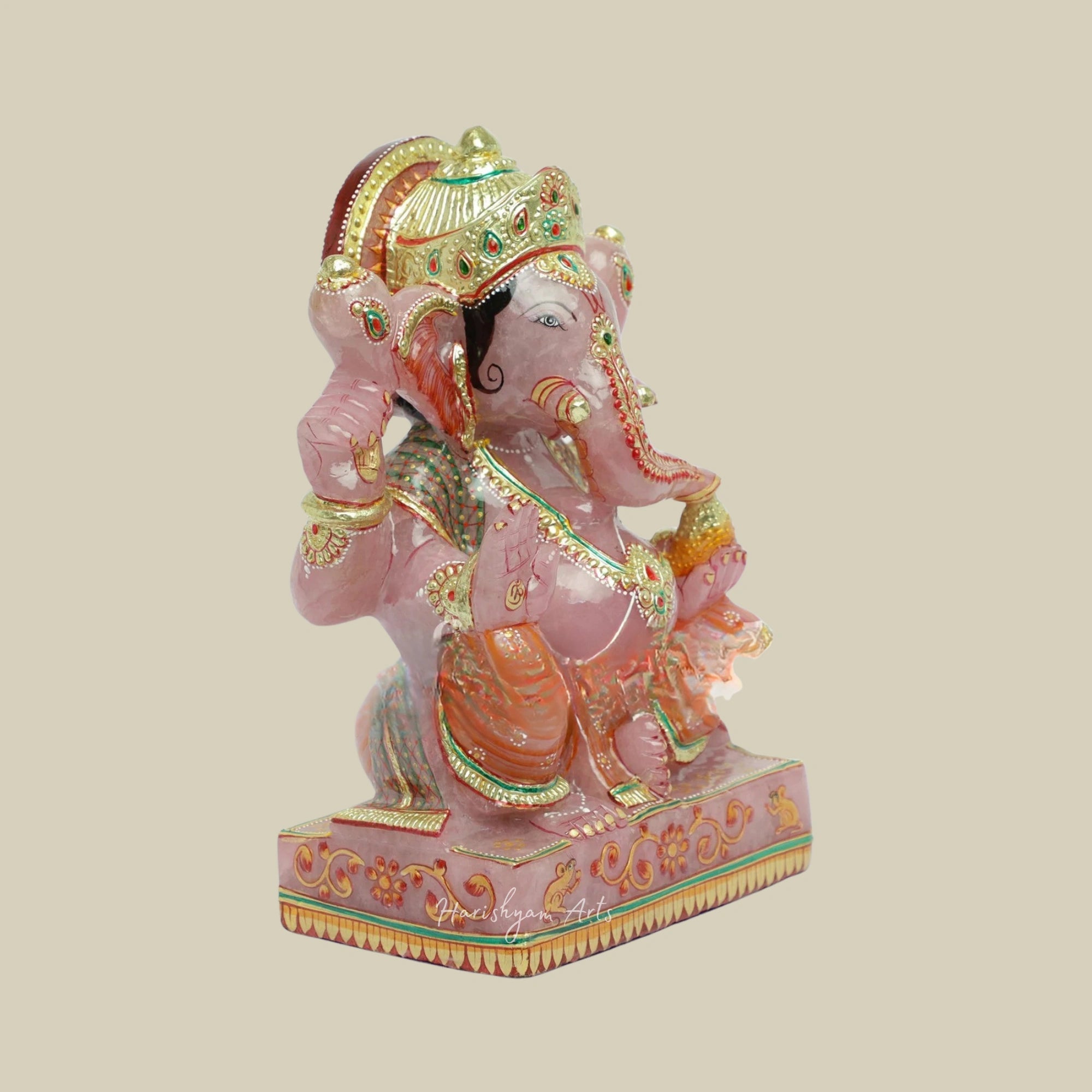 11" Lord Ganesha Rose Idol Handpainted Crystal Ganpati Murti for Home Temple Decor