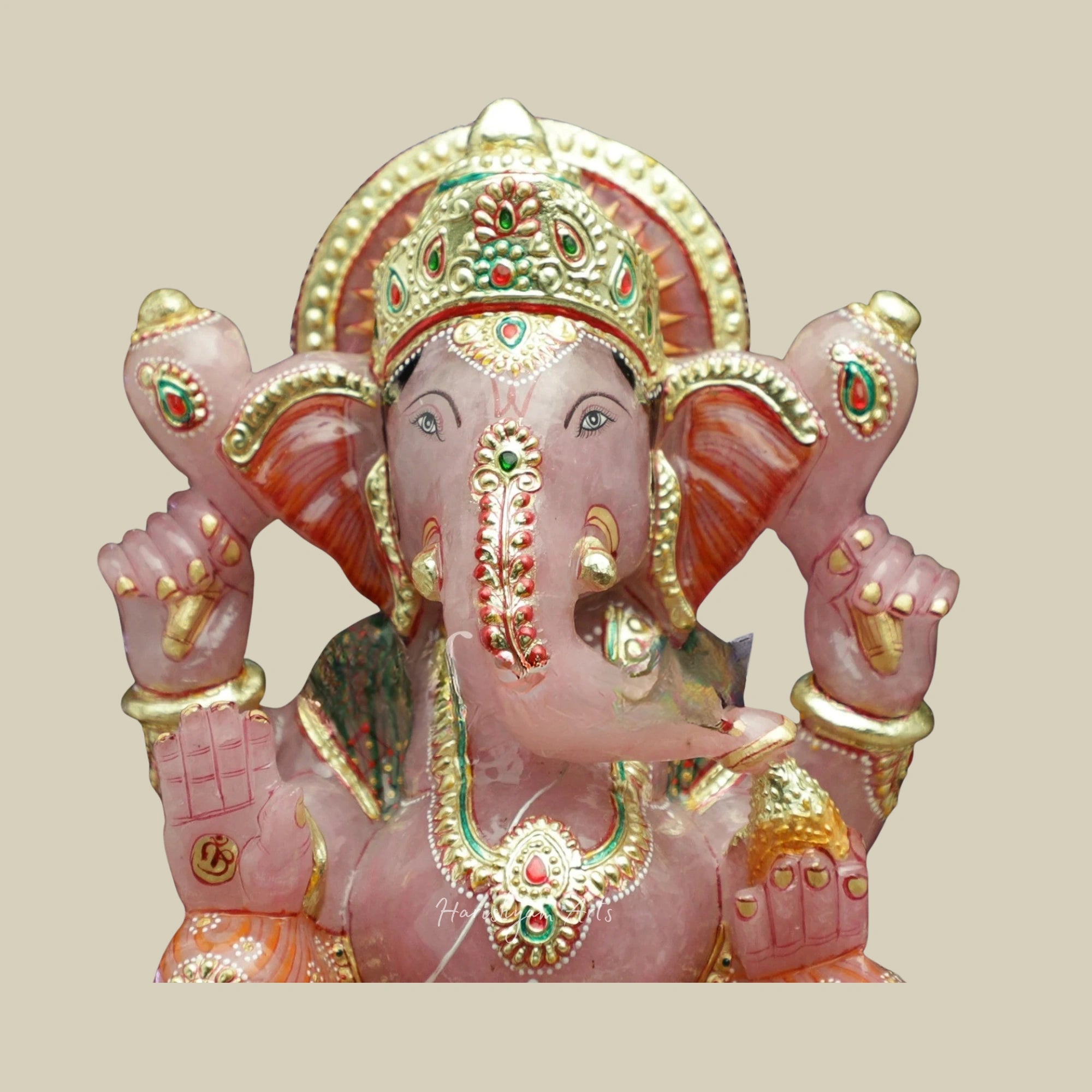 11" Lord Ganesha Rose Idol Handpainted Crystal Ganpati Murti for Home Temple Decor