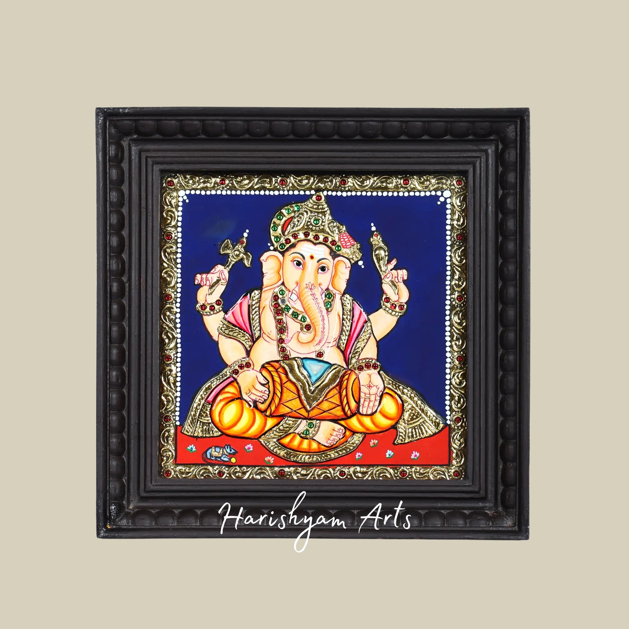 11" Lord Ganesha Tanjore Painting Playing Dholak with Traditional Gold Detailing