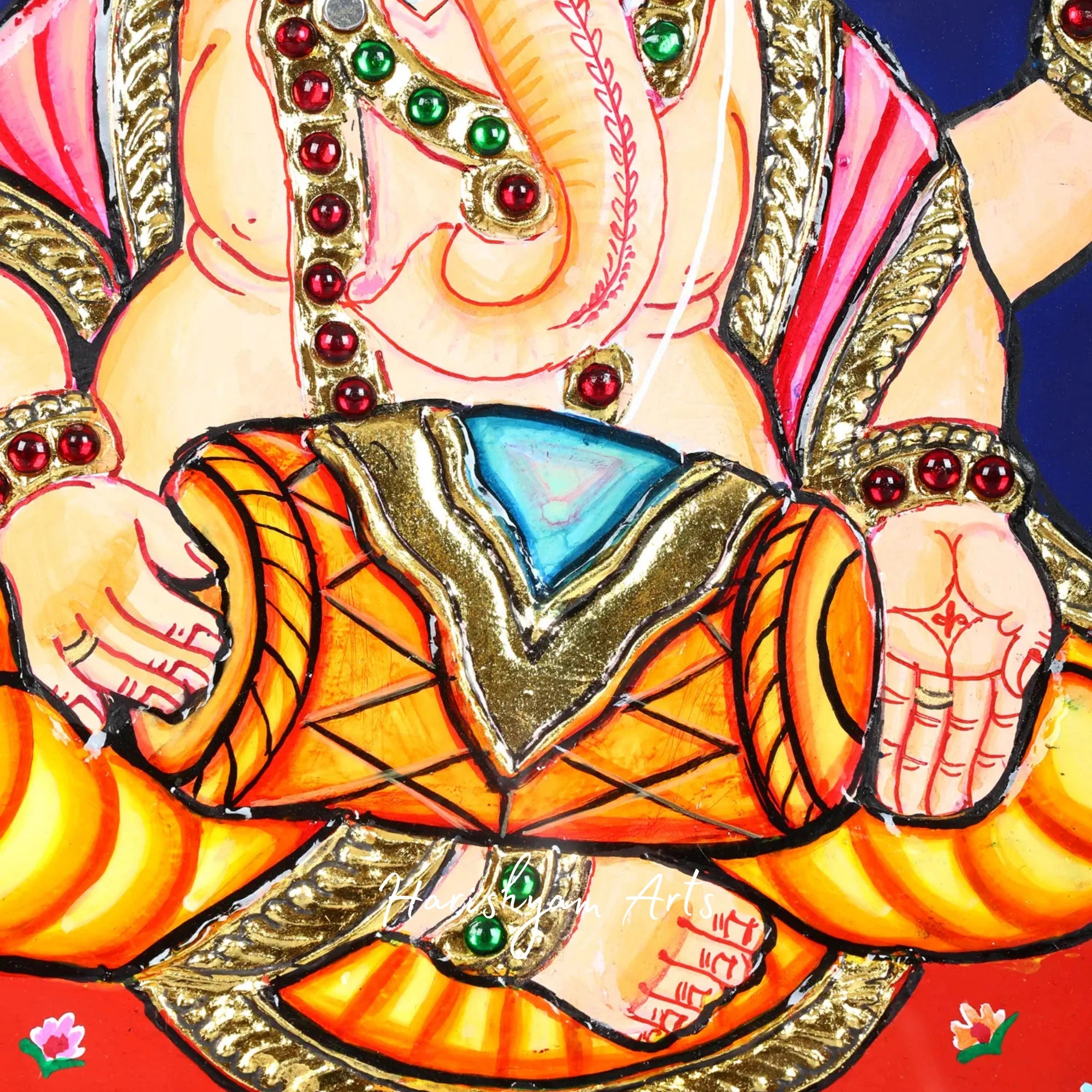 11" Lord Ganesha Tanjore Painting Playing Dholak with Traditional Gold Detailing2