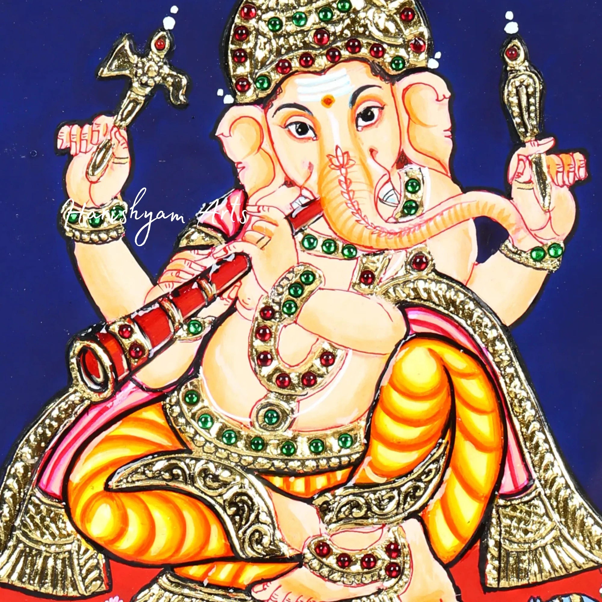 11" Lord Ganesha Tanjore Painting Playing Mangal Vadya Shehnai with Gold Embellishments2