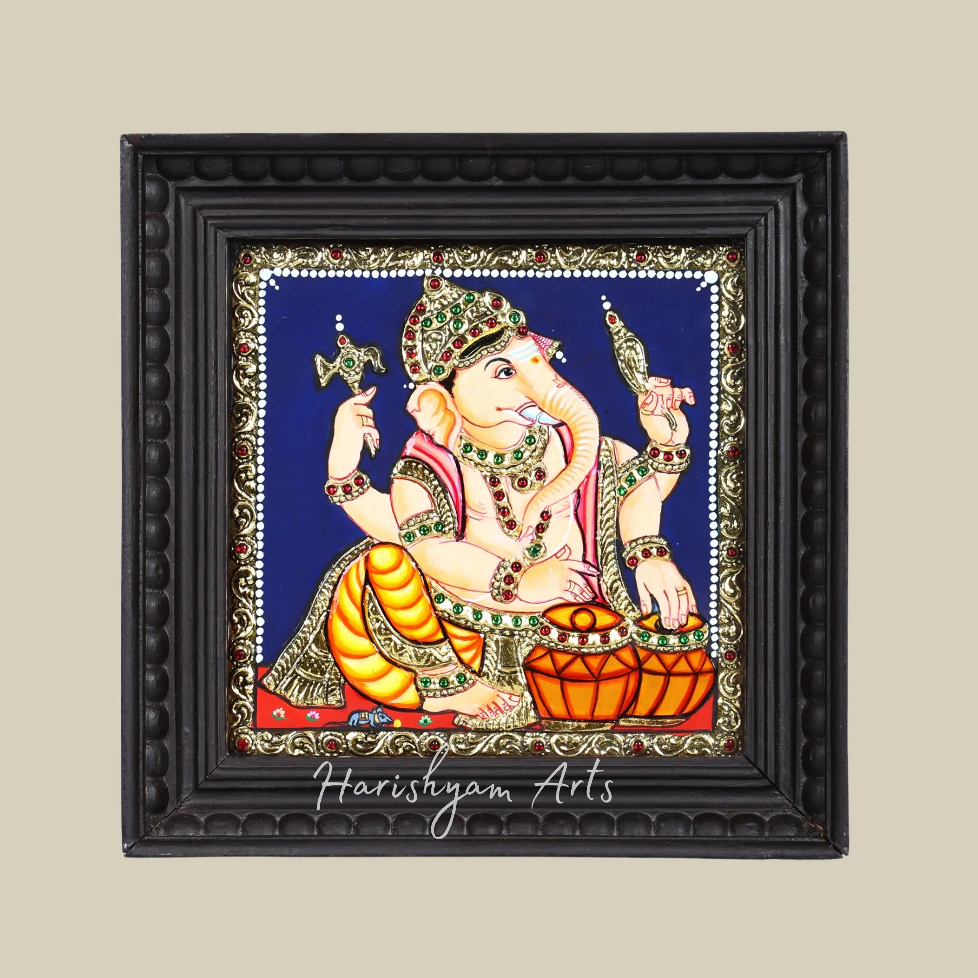 11" Lord Ganesha Tanjore Painting Playing Tabla with Artistic Gold Detailing