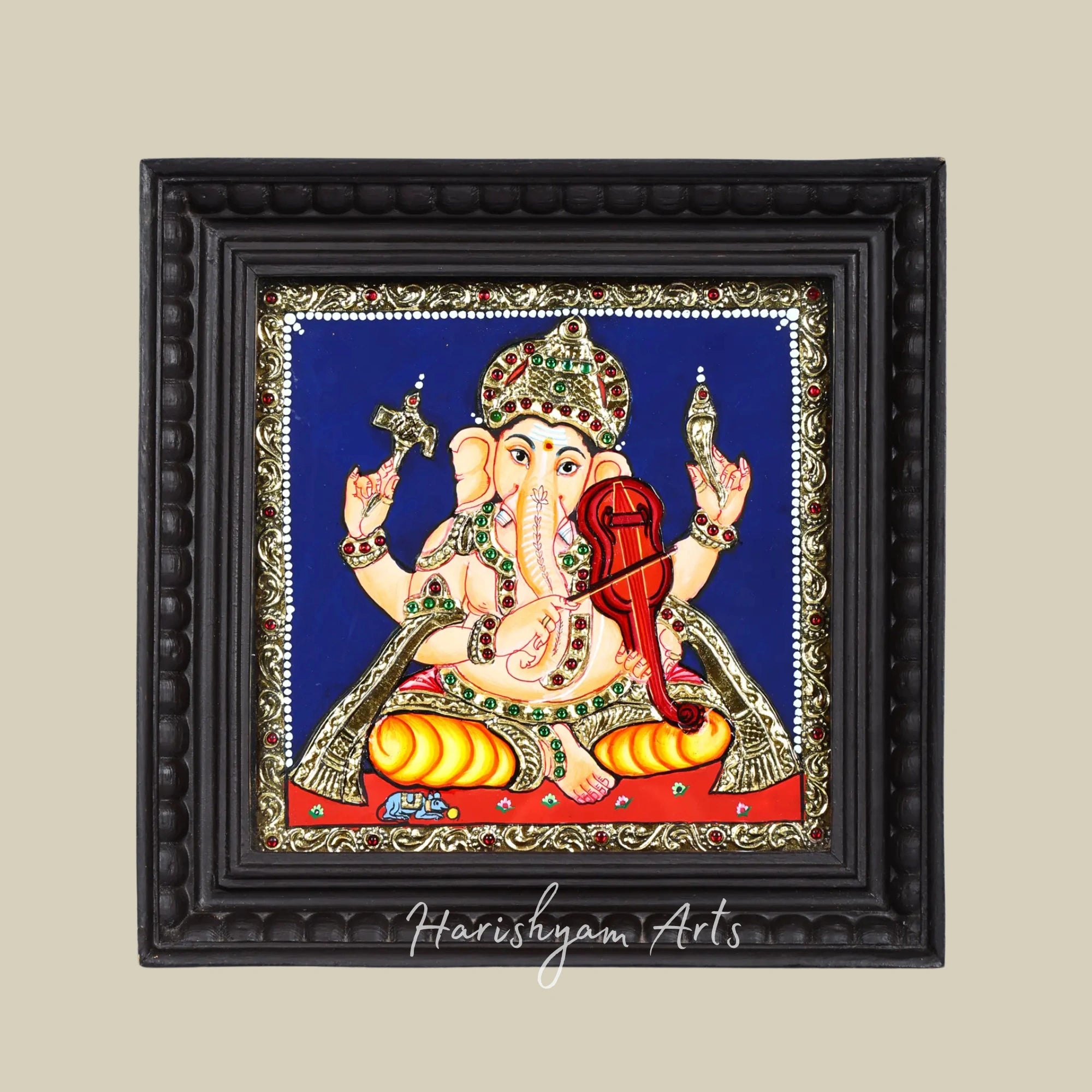 11" Lord Ganesha Tanjore Painting Playing Violin with Traditional Gold Accents