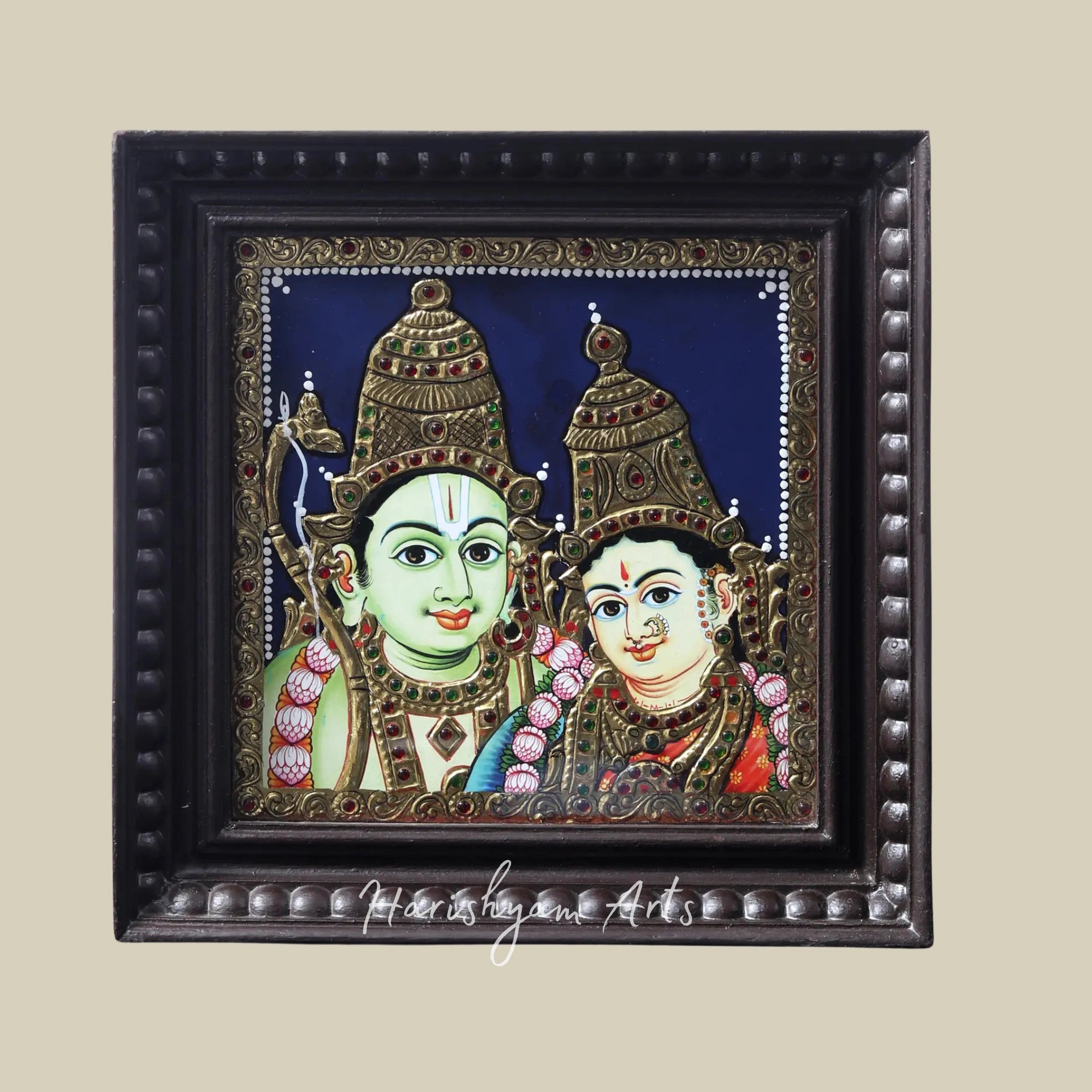 11" Lord Ram and Goddess Sita Tanjore Painting in a Teakwood Frame for Home Temple