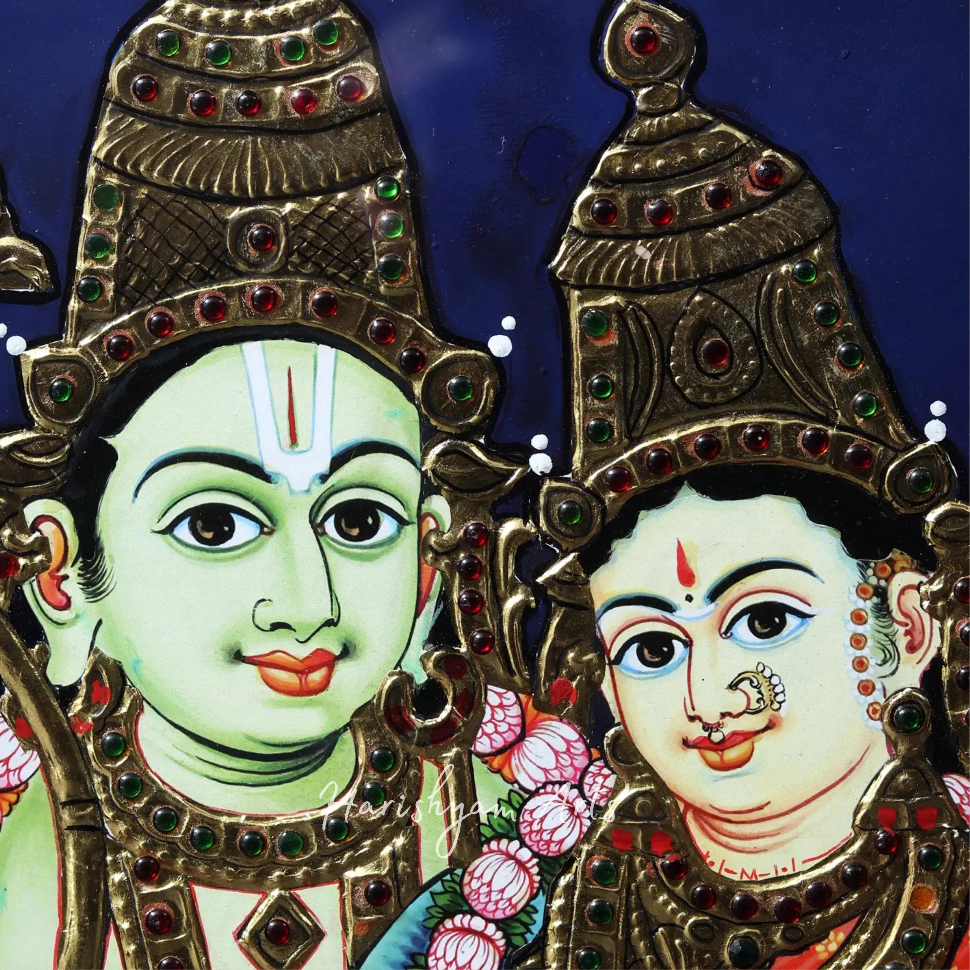 11" Lord Ram and Goddess Sita Tanjore Painting in a Teakwood Frame for Home Temple