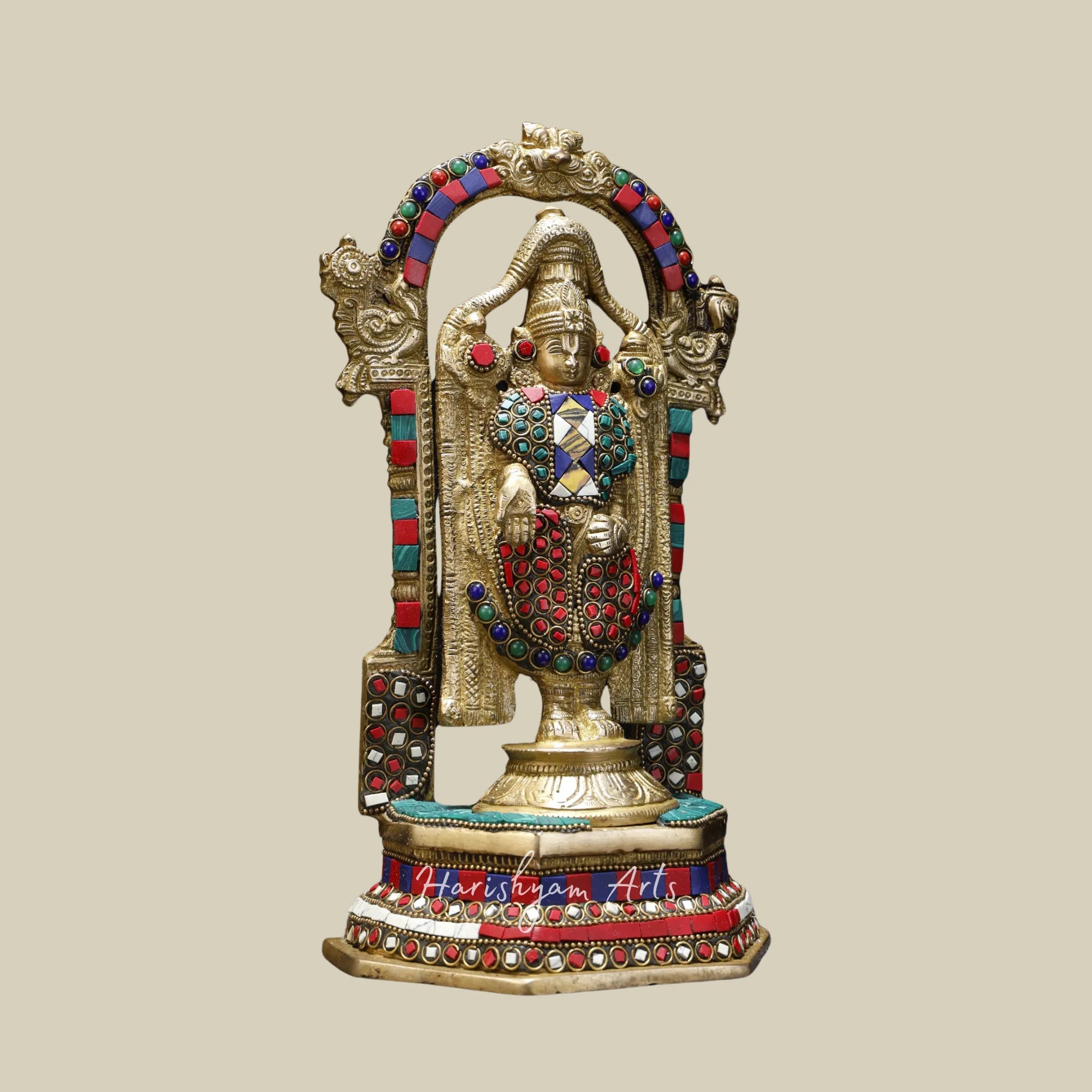 11" Lord Tirupati Balaji Venkateshvara Brass Statue with Kirtimukha Throne and Inlay Detailing