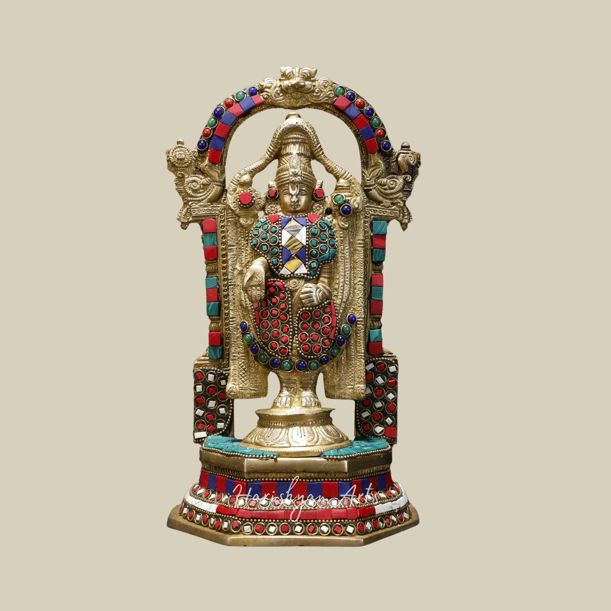 11" Lord Tirupati Balaji Venkateshvara Brass Statue with Kirtimukha Throne and Inlay Detailing