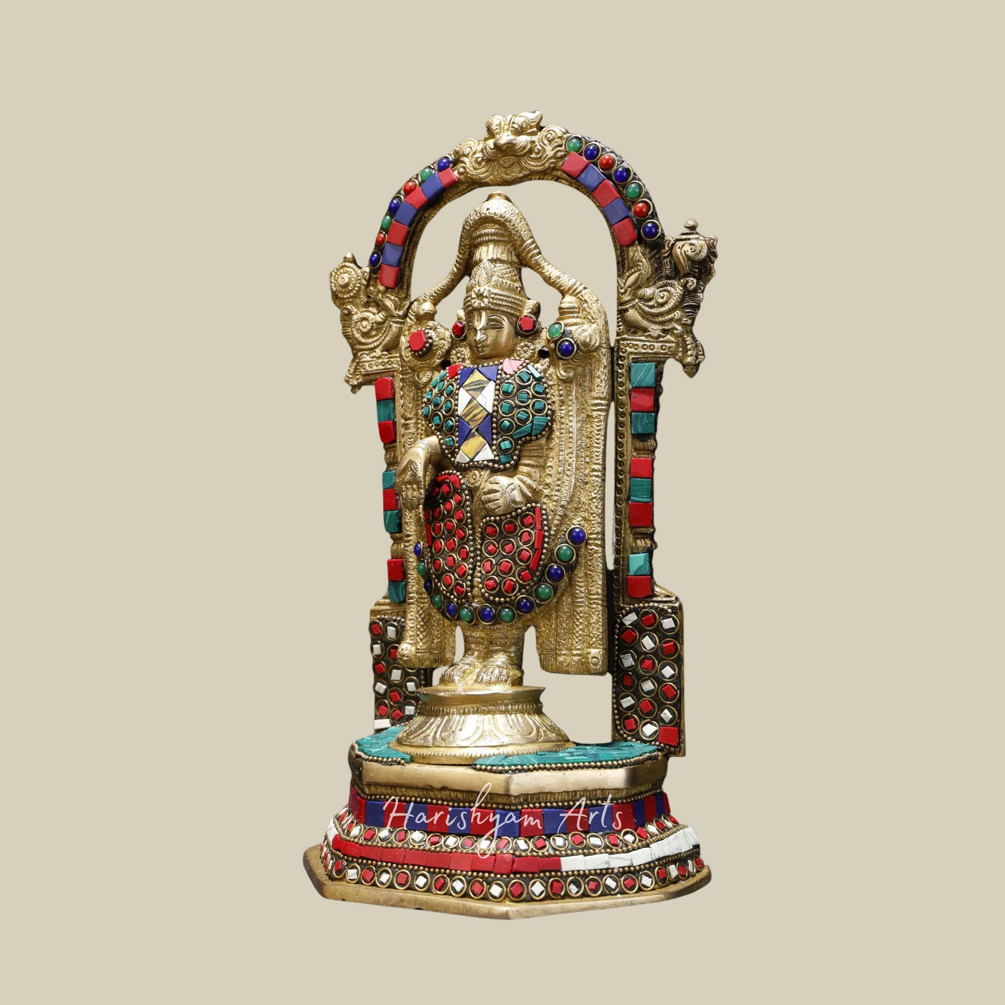 11" Lord Tirupati Balaji Venkateshvara Brass Statue with Kirtimukha Throne and Inlay Detailing