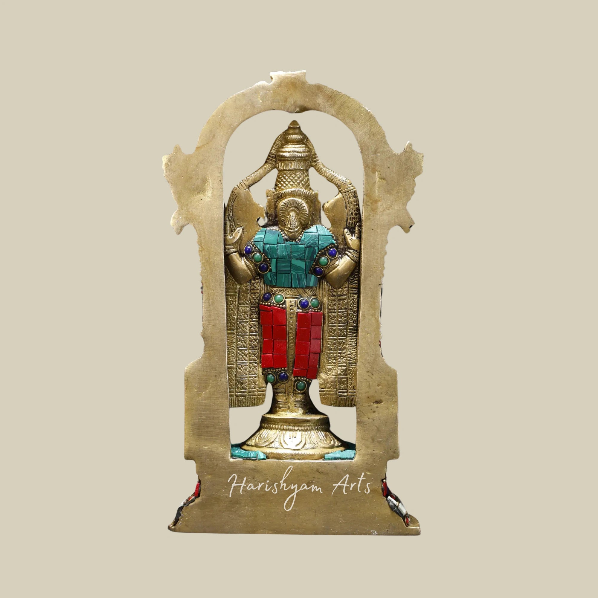 11" Lord Tirupati Balaji Venkateshvara Brass Statue with Kirtimukha Throne and Inlay Detailing