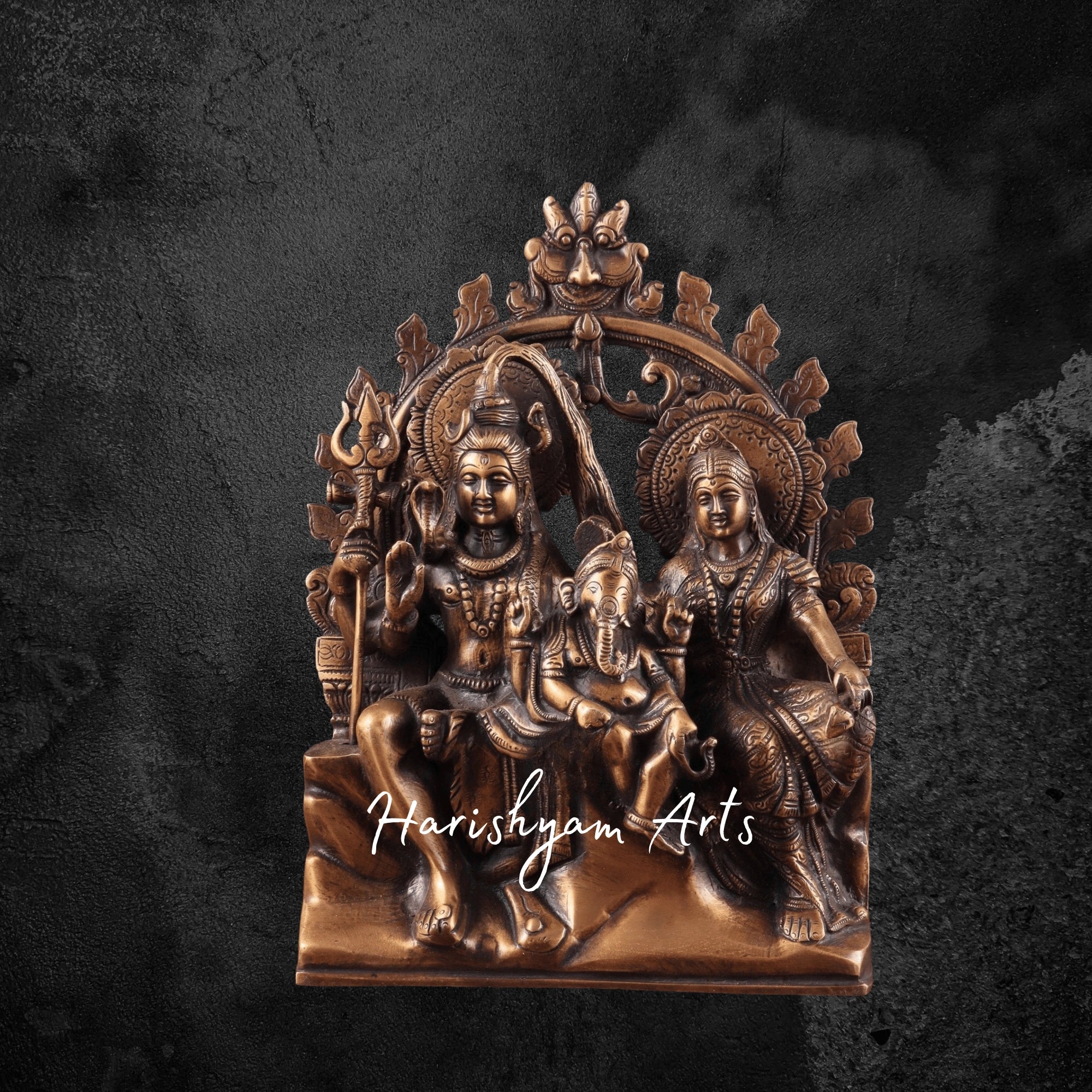 11" Pure Brass Lord Shiva Parvati with Ganesha Idol in Antique Prabhavali Design