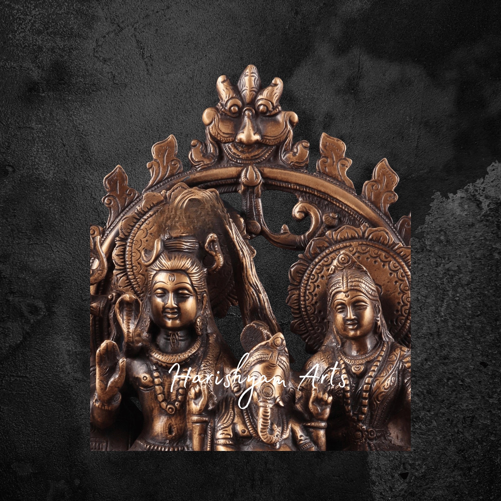 11" Pure Brass Lord Shiva Parvati with Ganesha Idol in Antique Prabhavali Design