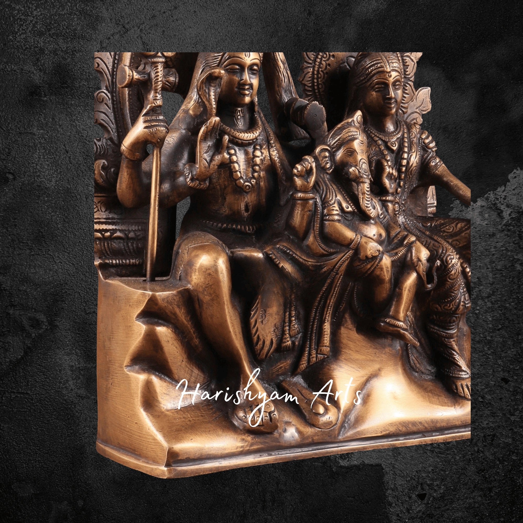 11" Pure Brass Lord Shiva Parvati with Ganesha Idol in Antique Prabhavali Design