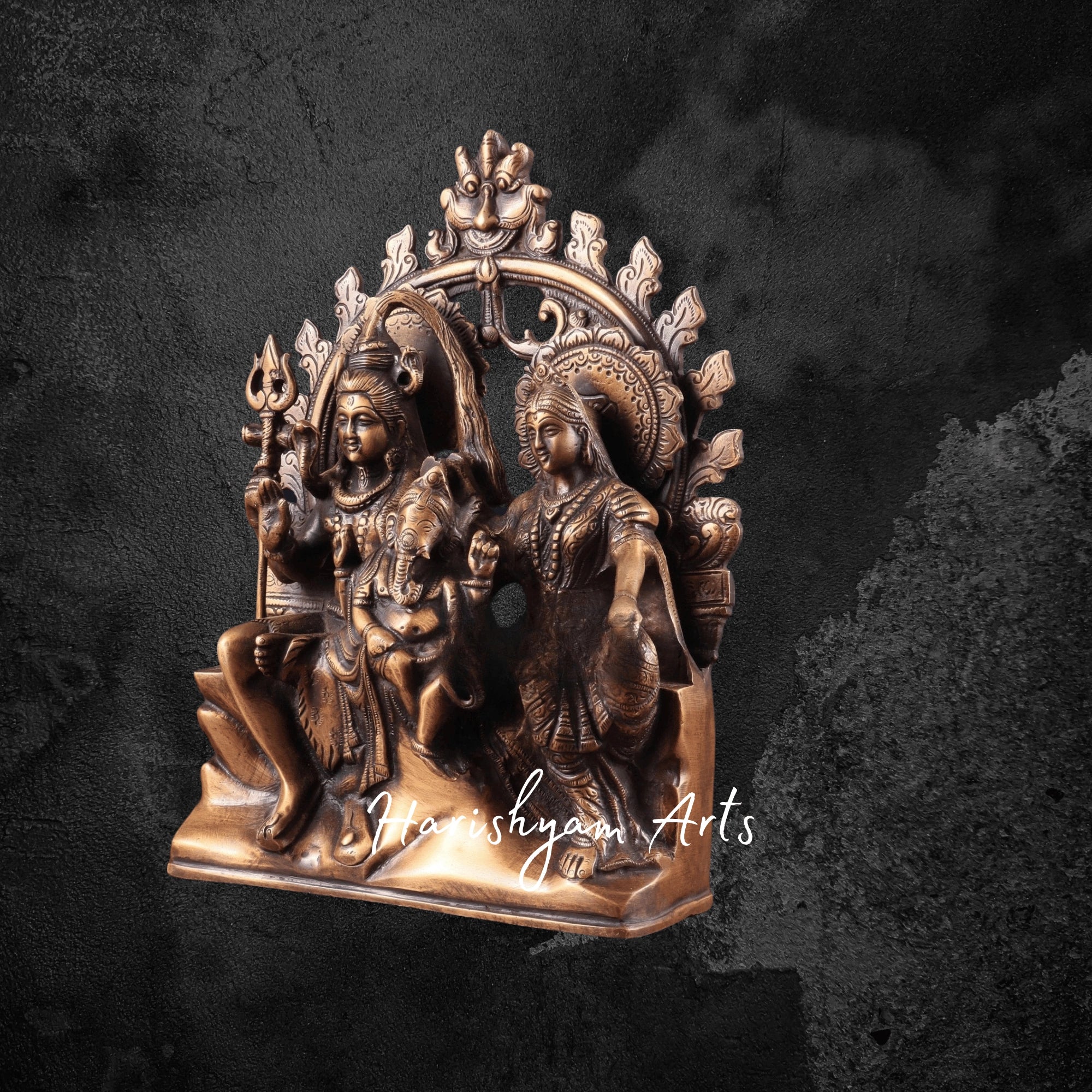 11" Pure Brass Lord Shiva Parvati with Ganesha Idol in Antique Prabhavali Design