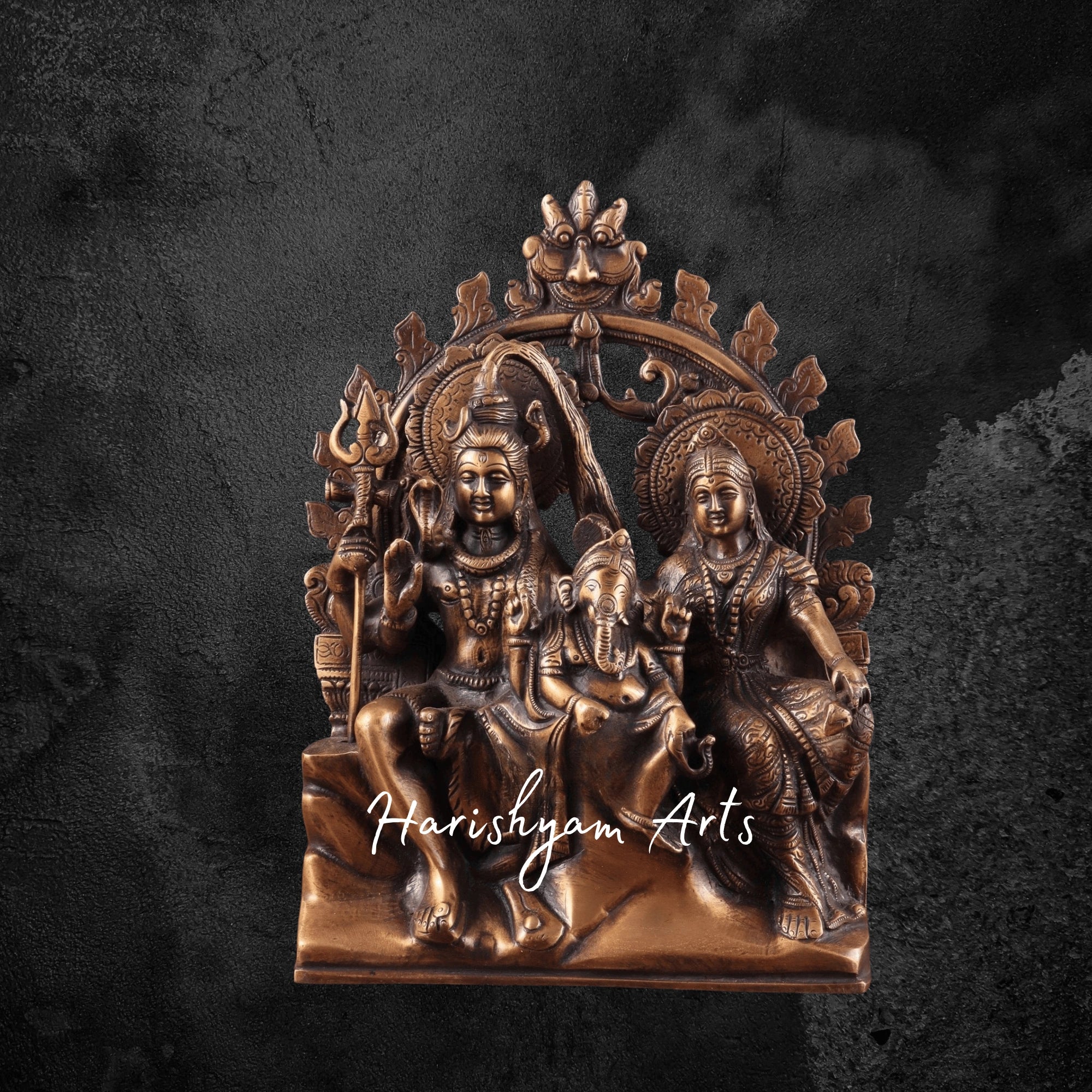 11" Pure Brass Lord Shiva Parvati with Ganesha Idol in Antique Prabhavali Design