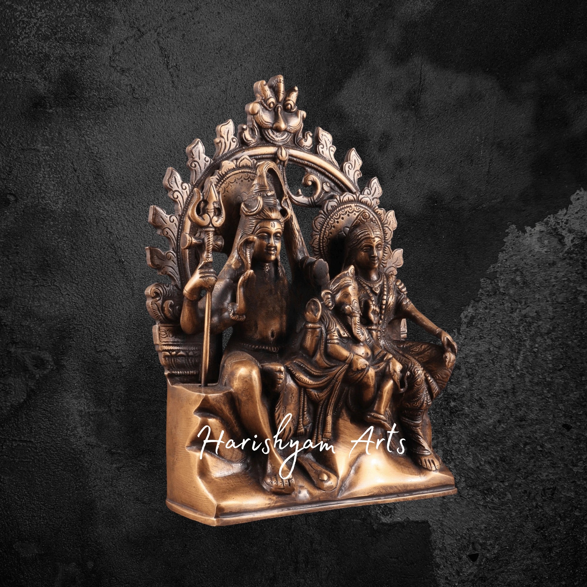 11" Pure Brass Lord Shiva Parvati with Ganesha Idol in Antique Prabhavali Design