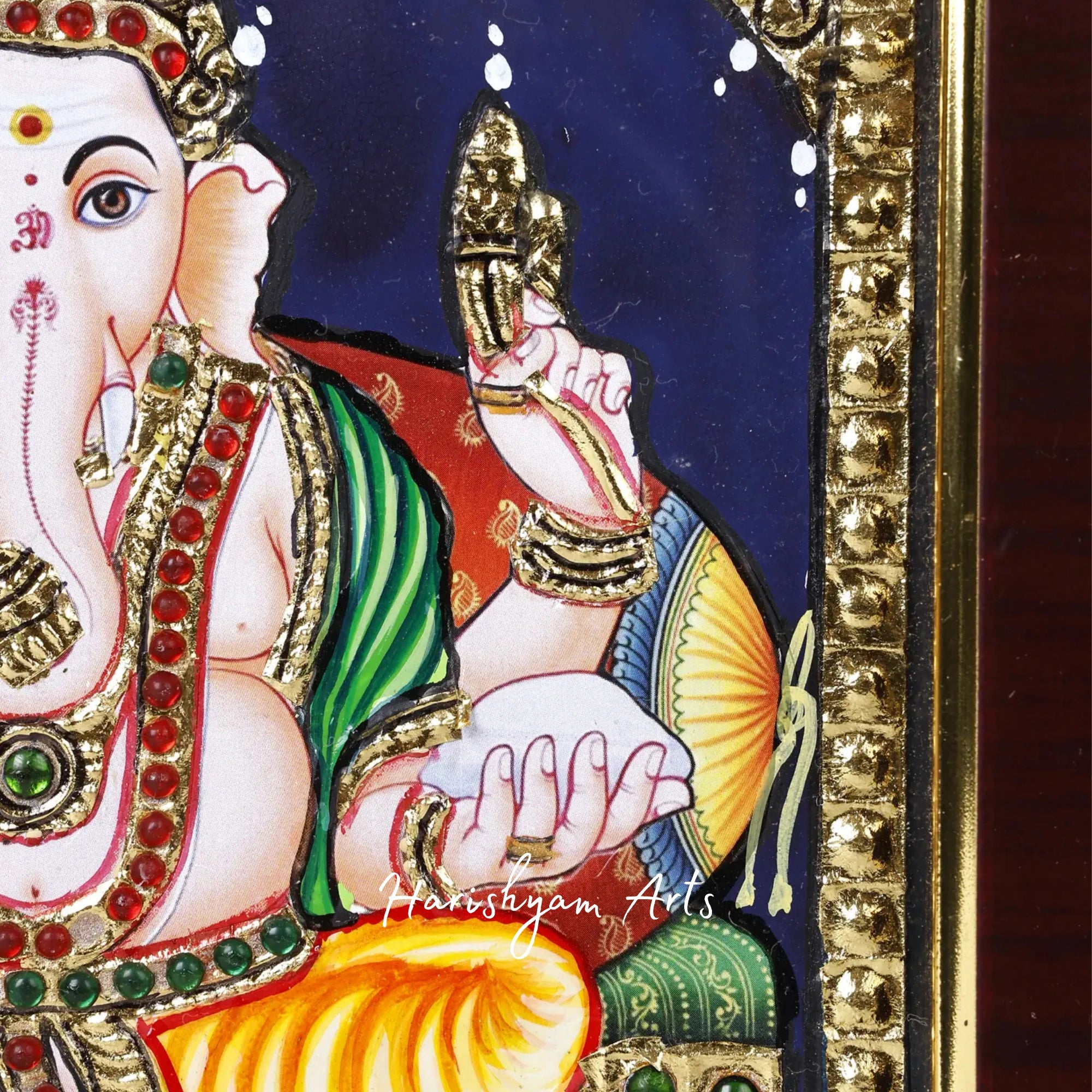 11" Sacred Lord Ganesha Seated on Throne Tanjore Painting with Gold and Teakwood1