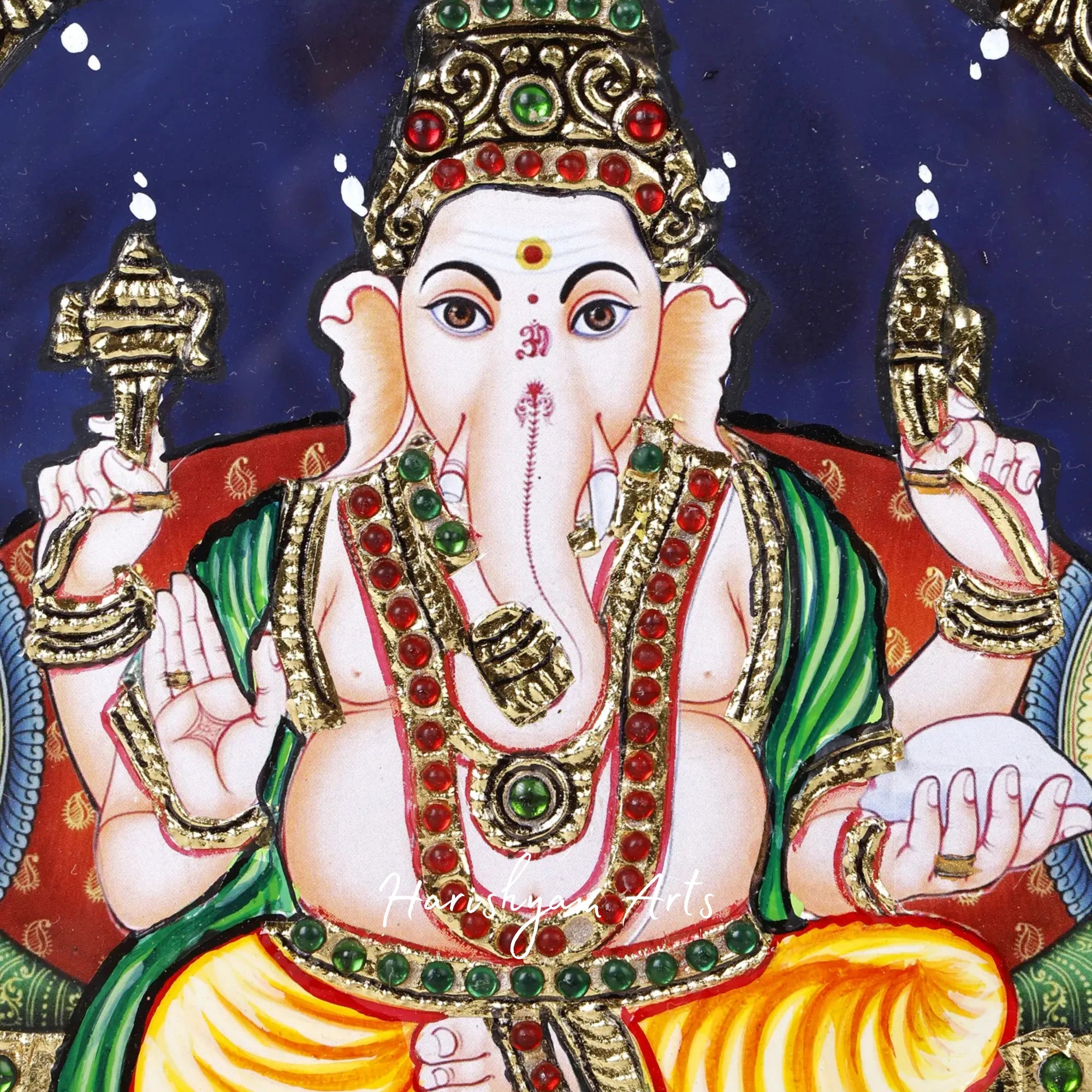 11" Sacred Lord Ganesha Seated on Throne Tanjore Painting with Gold and Teakwood2