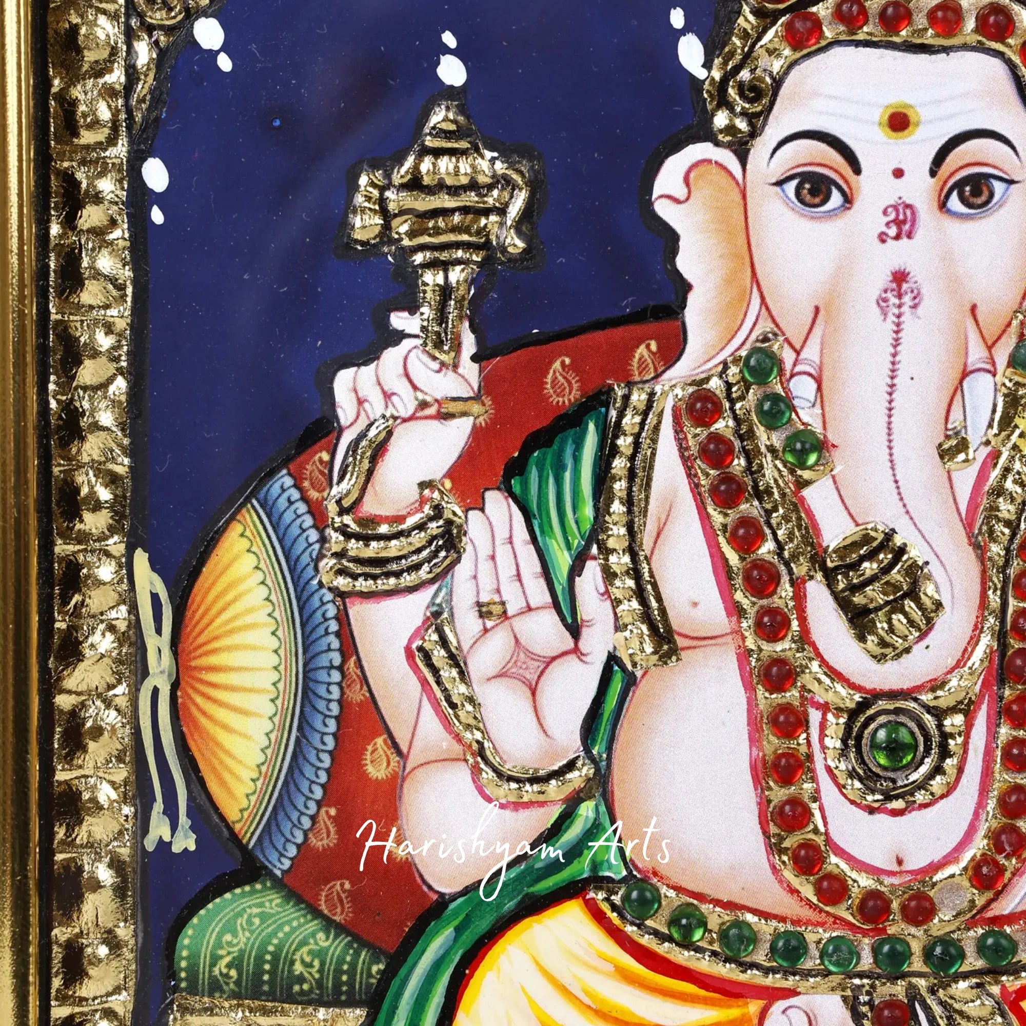 11" Sacred Lord Ganesha Seated on Throne Tanjore Painting with Gold and Teakwood3