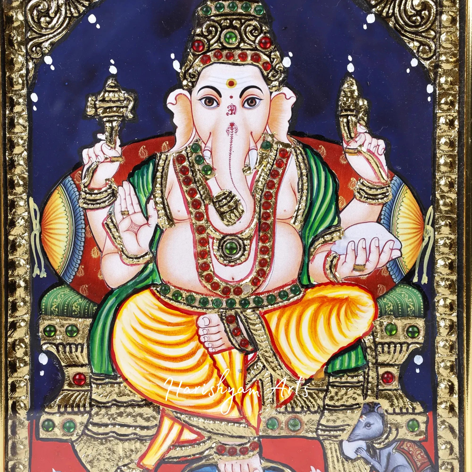 11" Sacred Lord Ganesha Seated on Throne Tanjore Painting with Gold and Teakwood4
