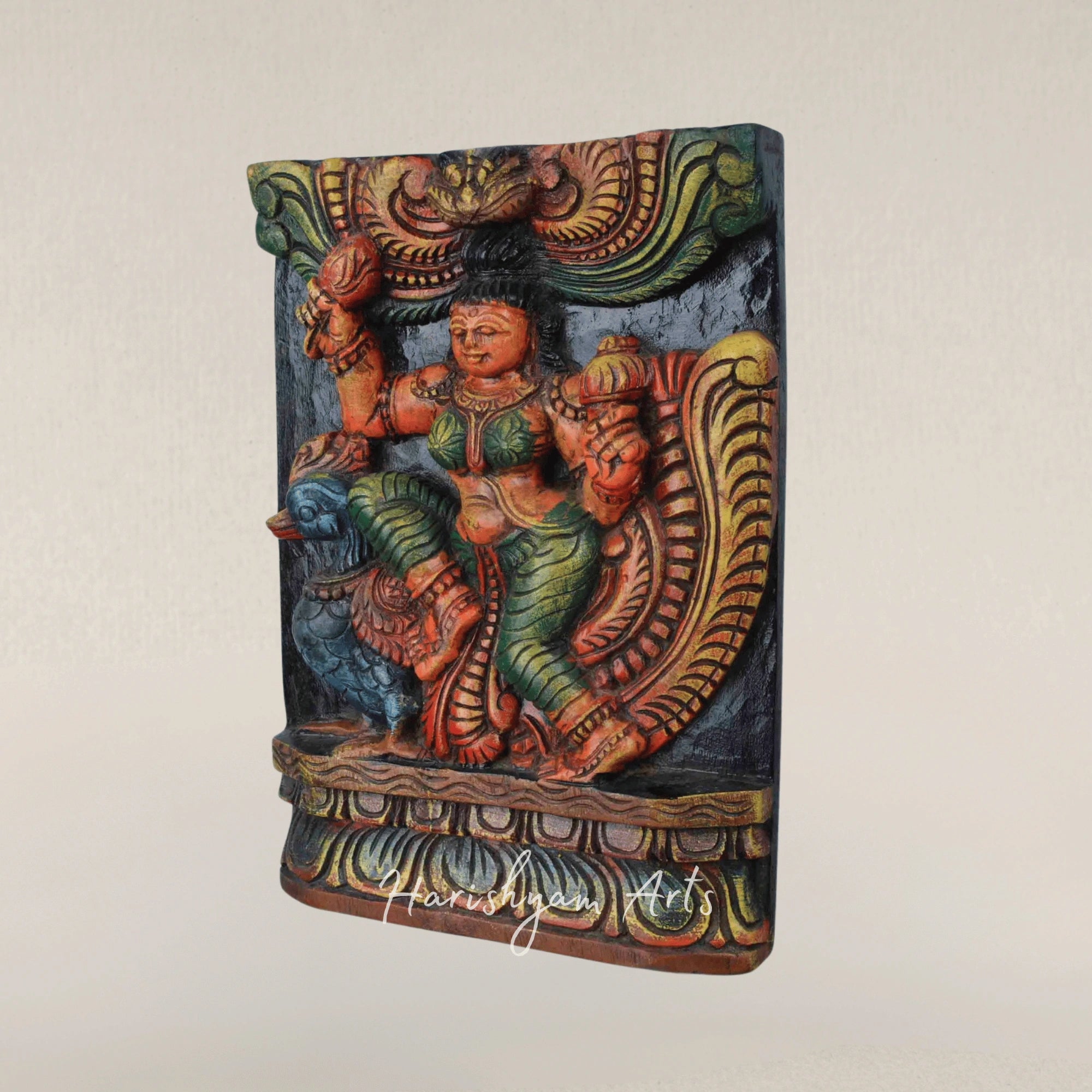 11" Saraswati Devi on Majestic Peacock Colorful Art Panel