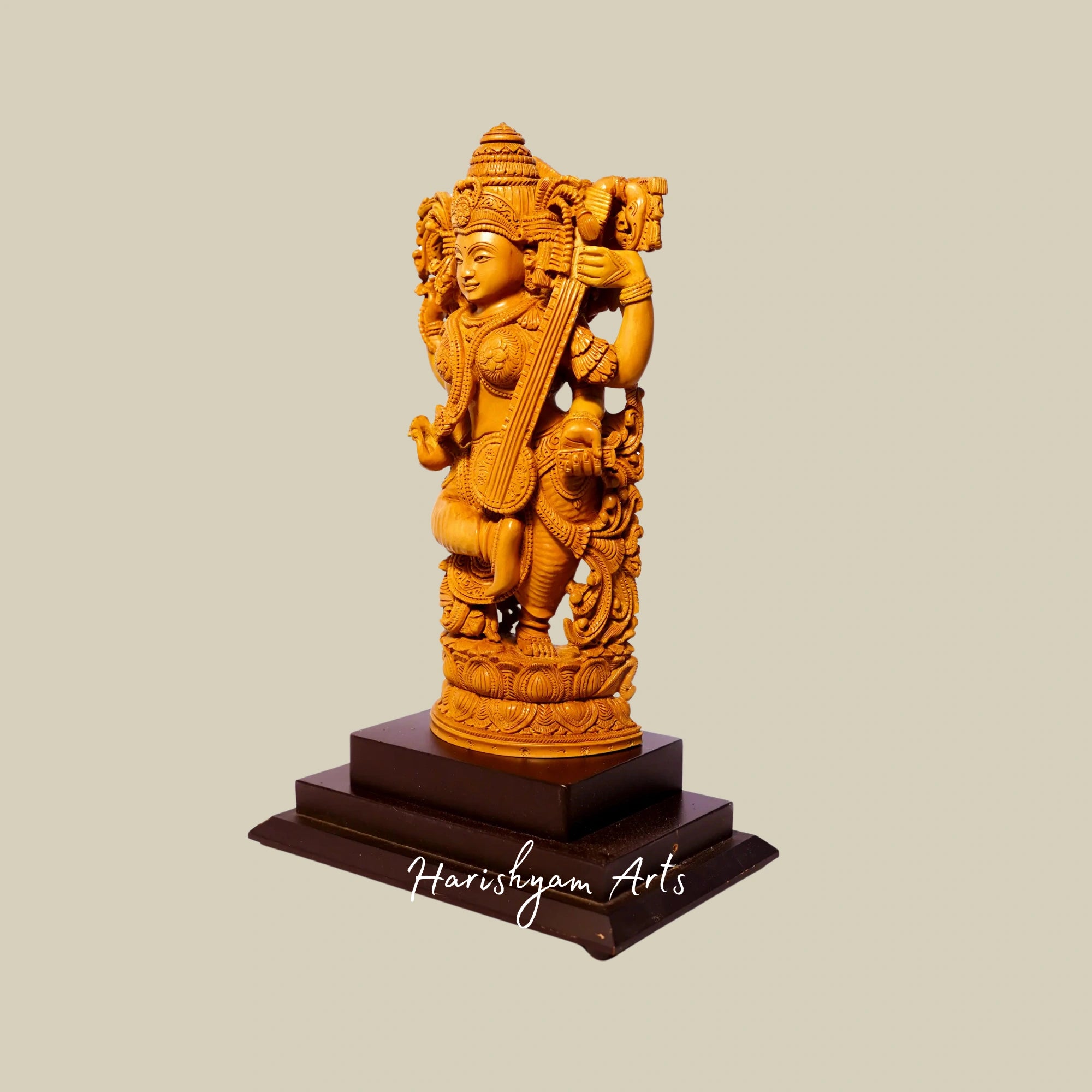 11" Saraswati Wooden Sculpture for Temple – Dancing Goddess Saraswati Design7