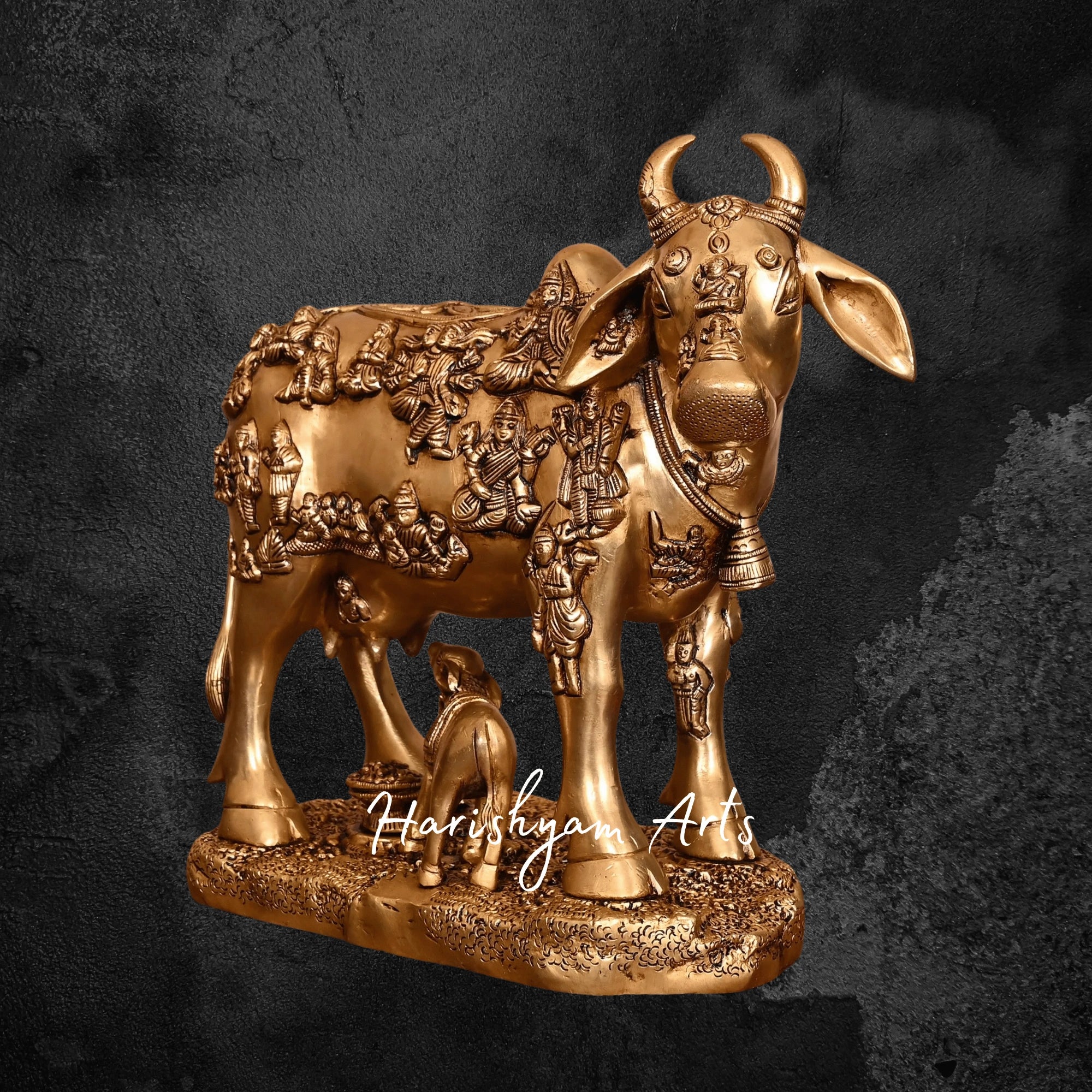 11" Superfine Brass Cow and Calf Statue for Vastu and Décor