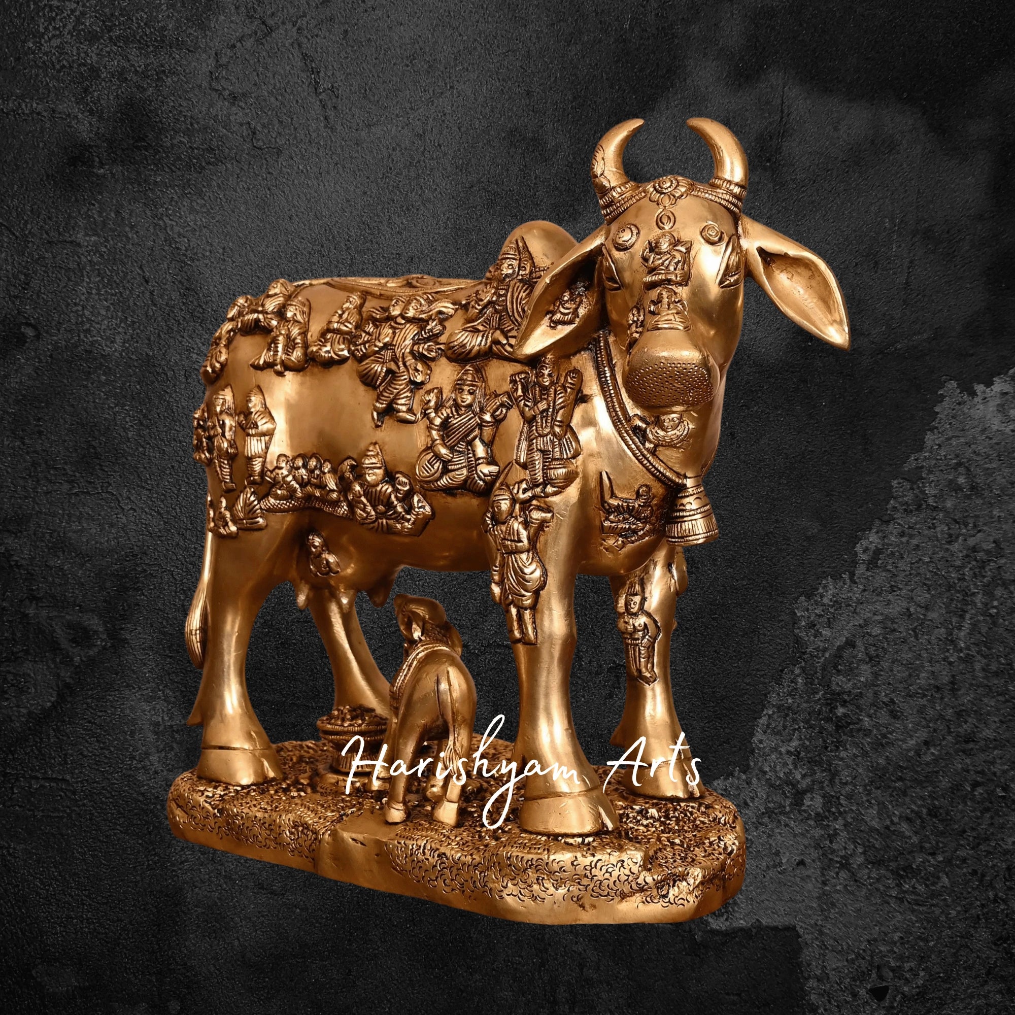 11" Superfine Brass Cow and Calf Statue for Vastu and Décor