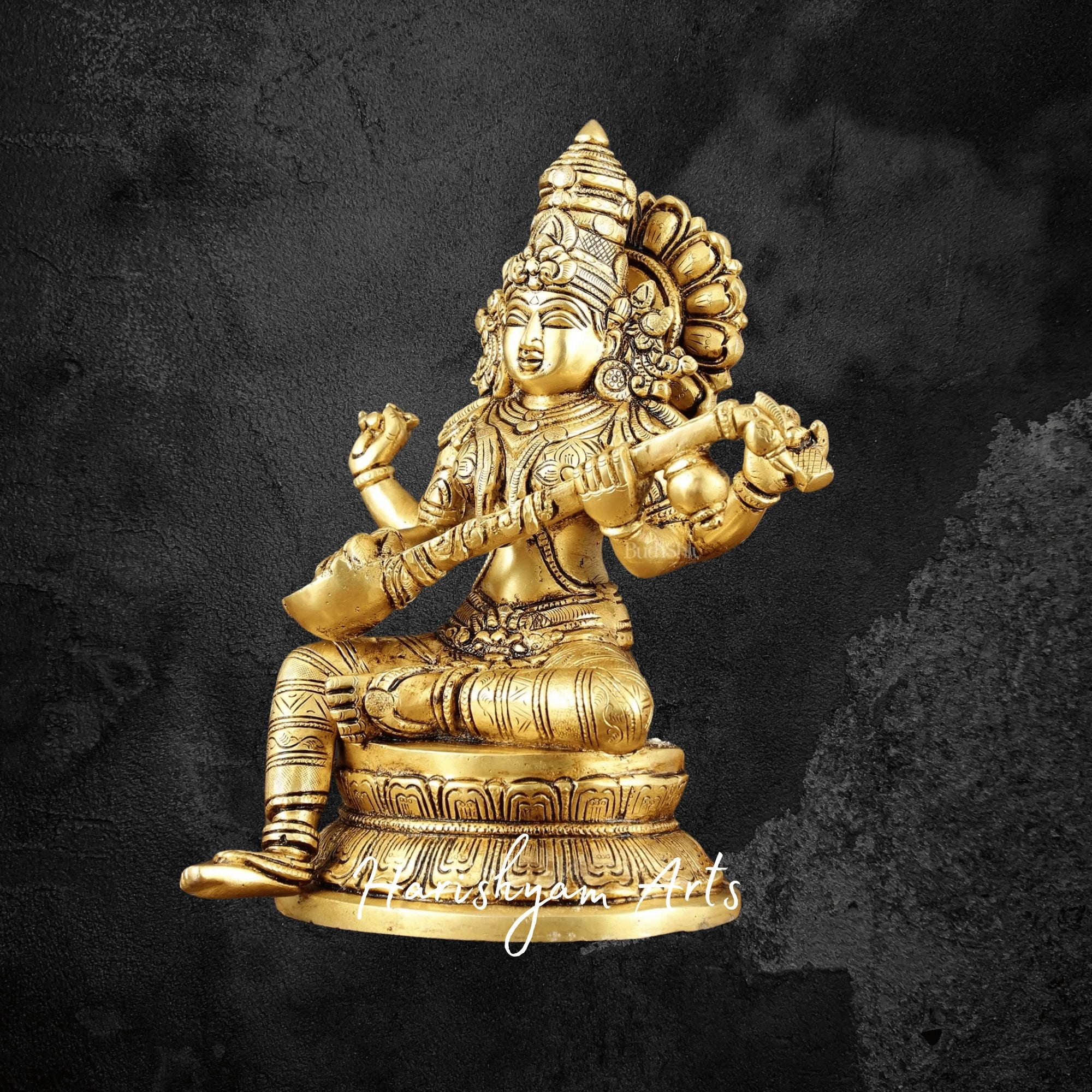 11" Traditional Brass Saraswati Idol with Stonework Perfect for Spiritual Decor and Gifting