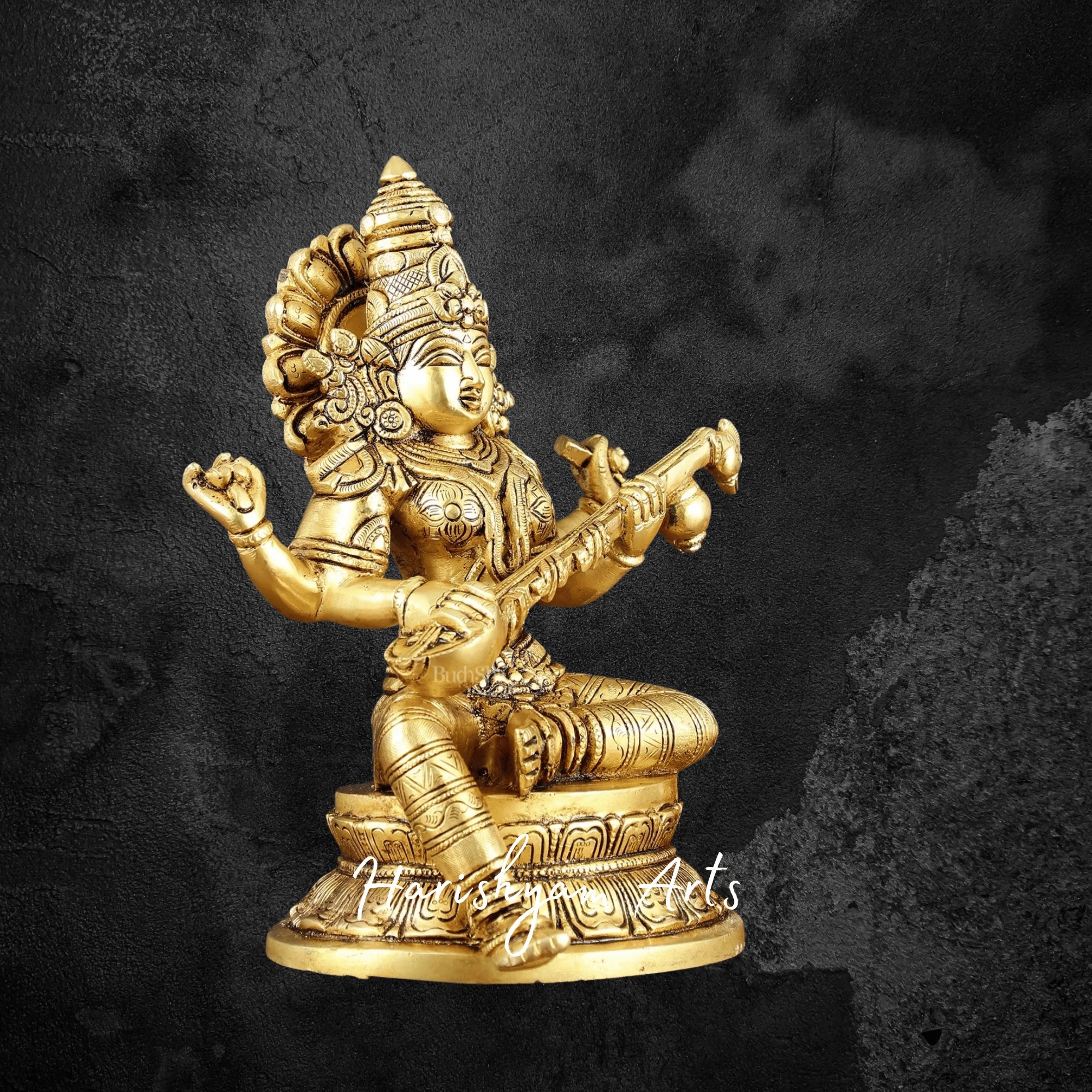11" Traditional Brass Saraswati Idol with Stonework Perfect for Spiritual Decor and Gifting