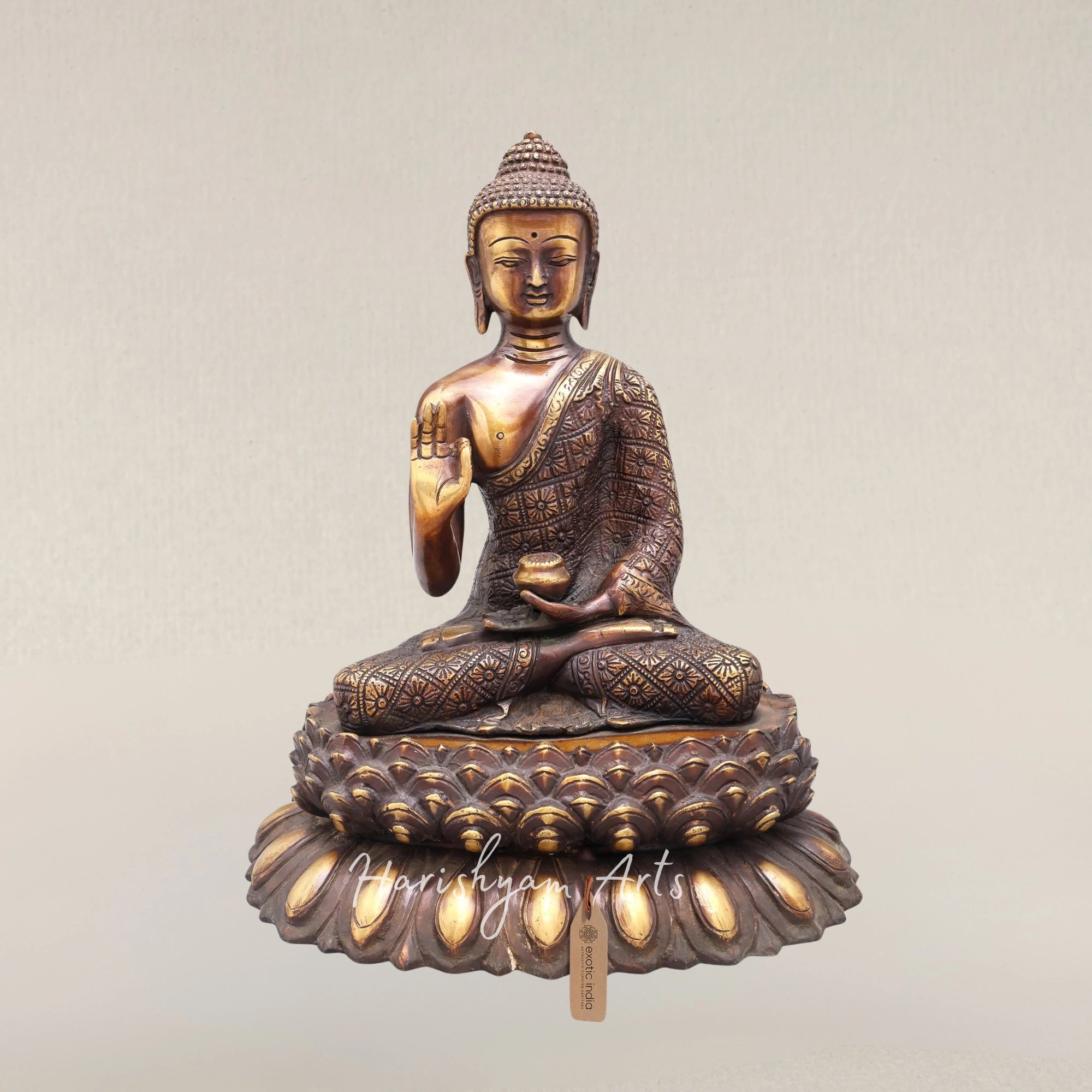 11" Vitarka Mudra Buddha Brass Statue Seated on an Ornate Lotus Pedestal