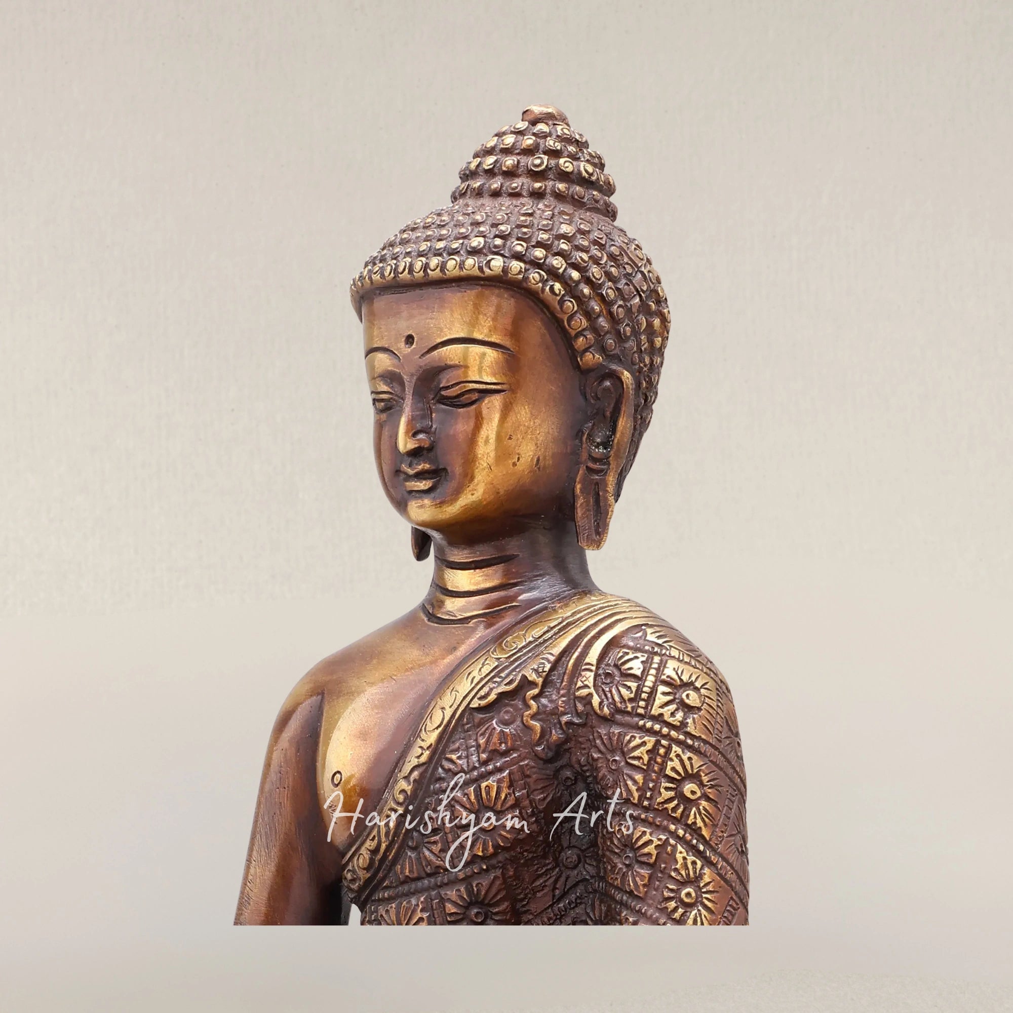 11" Vitarka Mudra Buddha Brass Statue Seated on an Ornate Lotus Pedestal