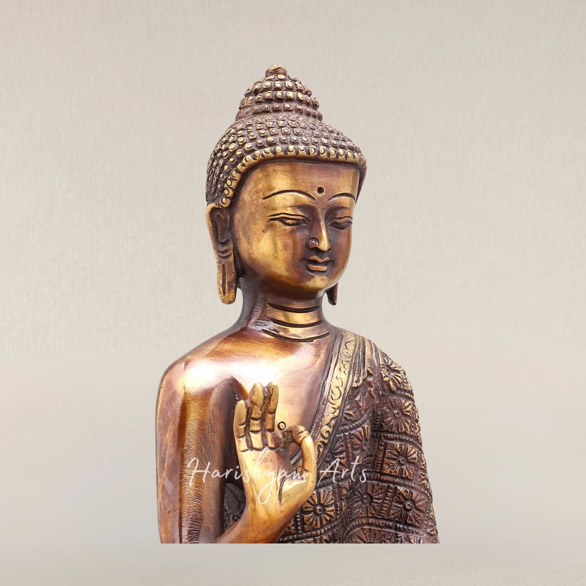 11" Vitarka Mudra Buddha Brass Statue Seated on an Ornate Lotus Pedestal