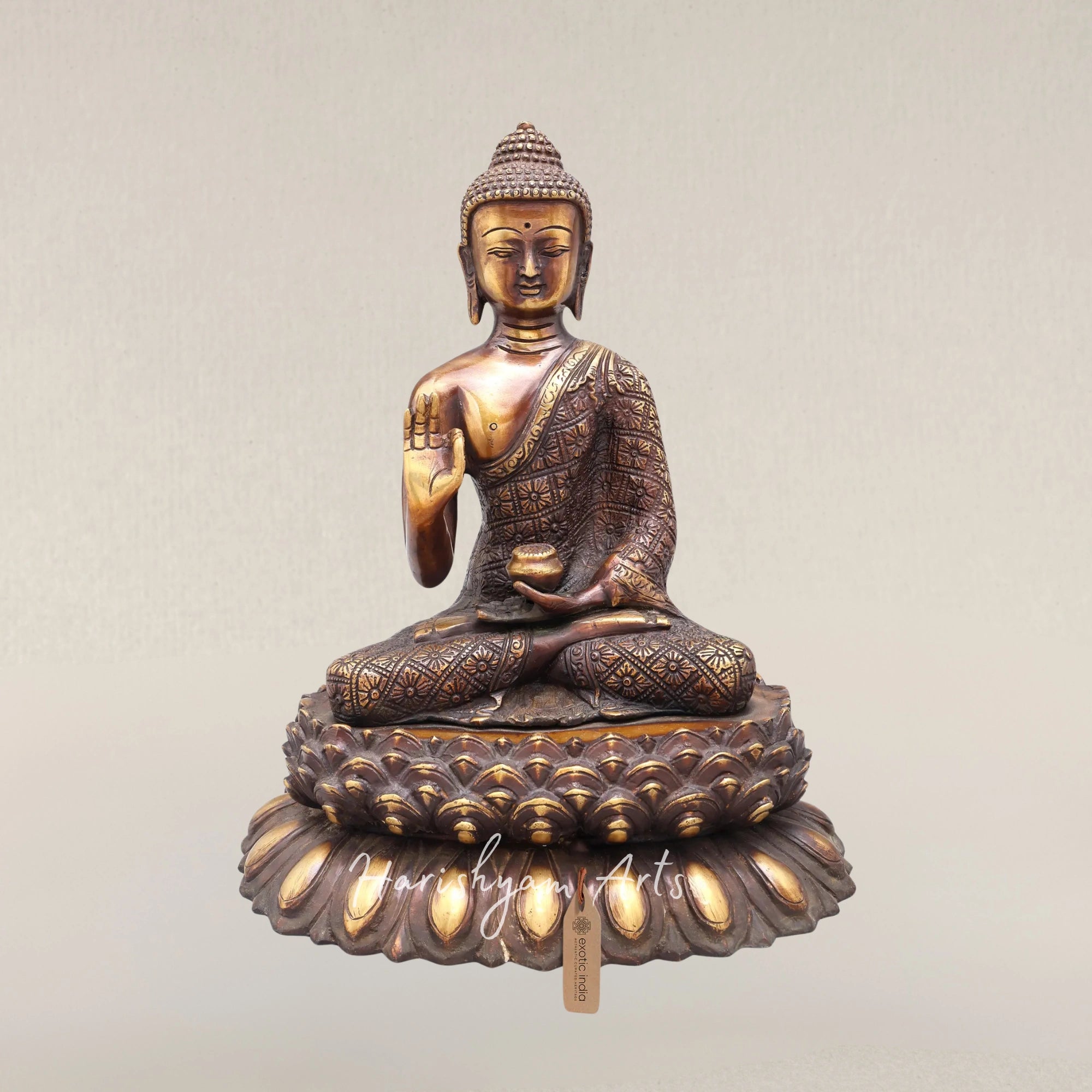 11" Vitarka Mudra Buddha Brass Statue Seated on an Ornate Lotus Pedestal