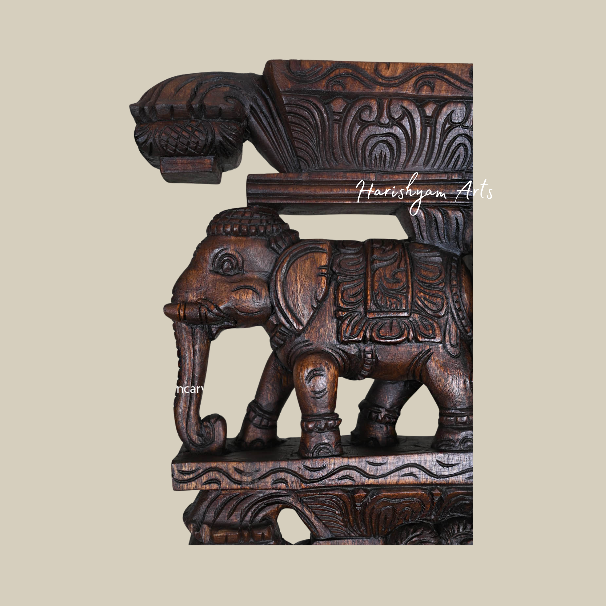 19" Handcrafted Elephant and Hamsa Bird Wooden Wall Brackets in Wax Brown Finish