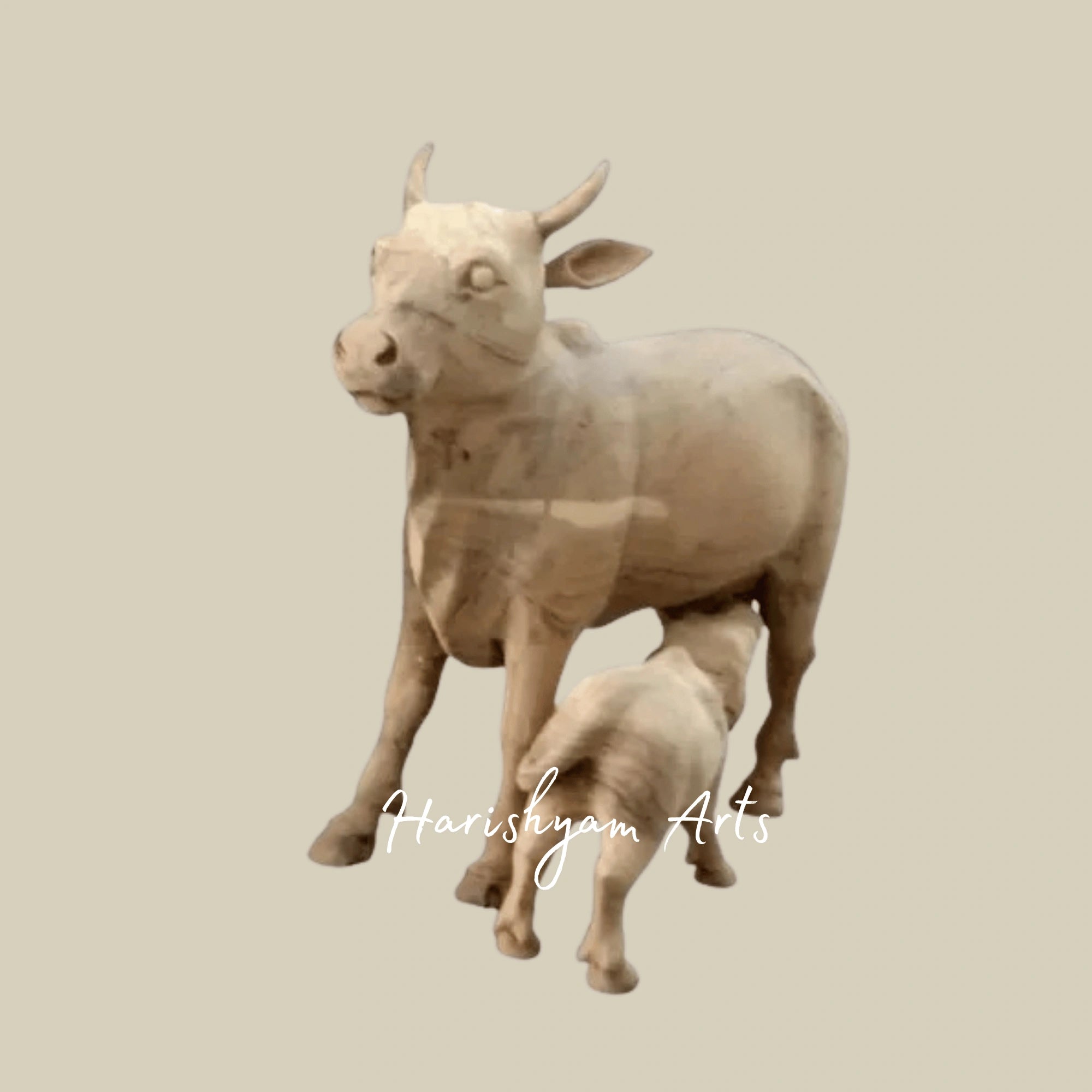 12" Artisan Handcrafted Wooden Cow with Calf – Indian Folk Art Decor