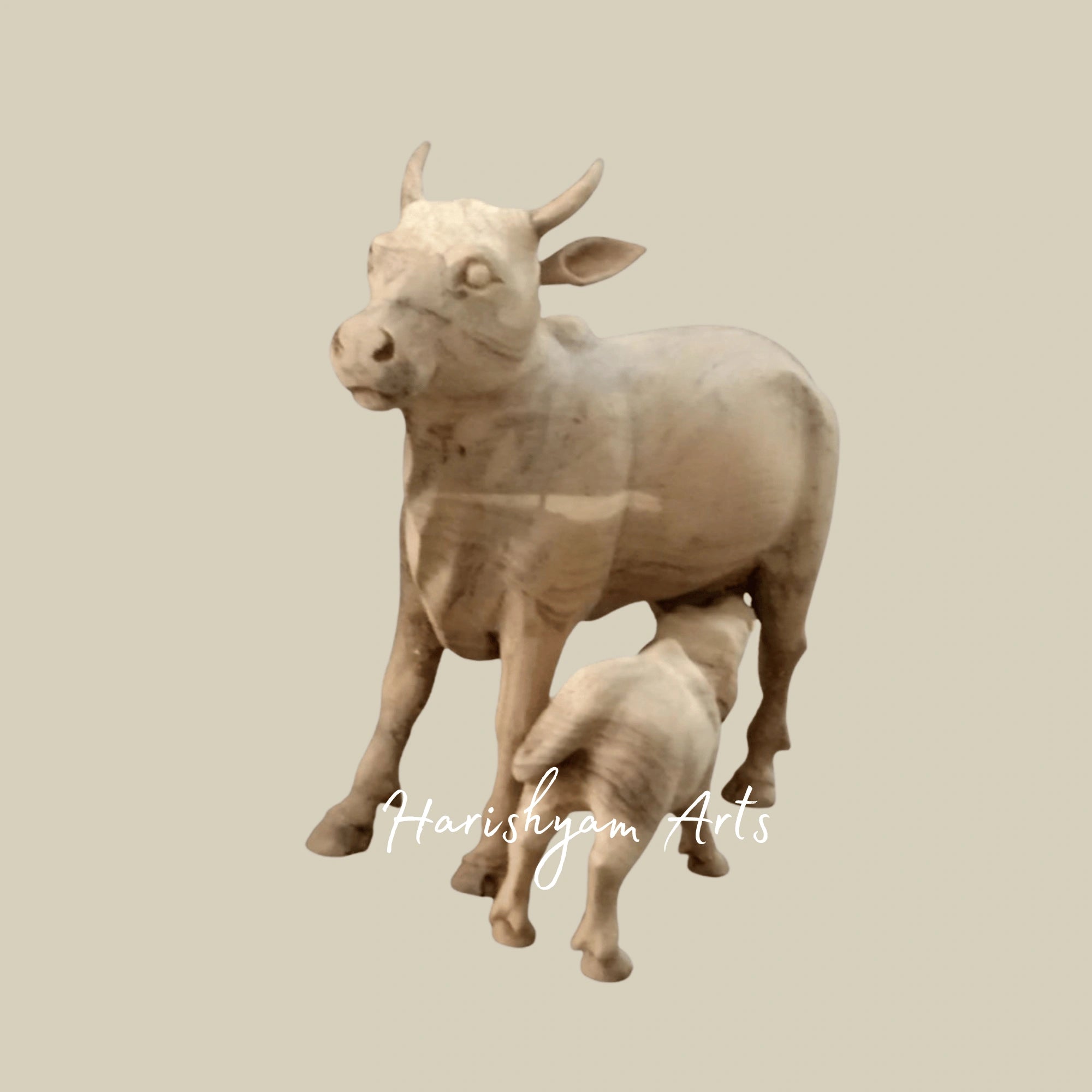 12" Artisan Handcrafted Wooden Cow with Calf – Indian Folk Art Decor