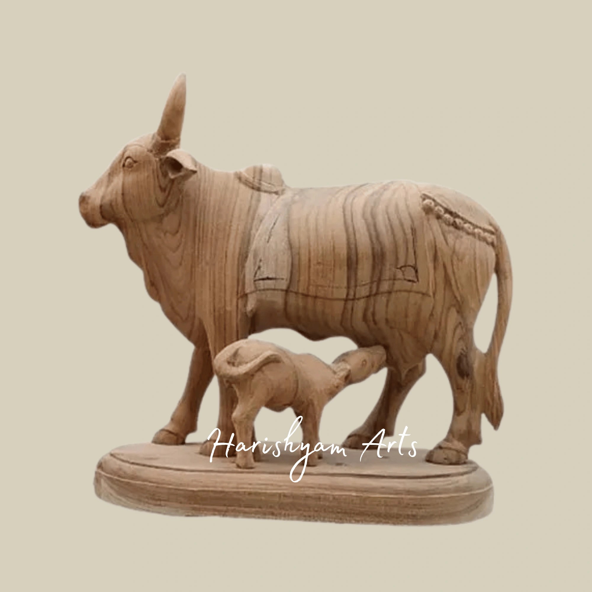 12" Artisan Handcrafted Wooden Cow with Calf – Indian Folk Art Decor