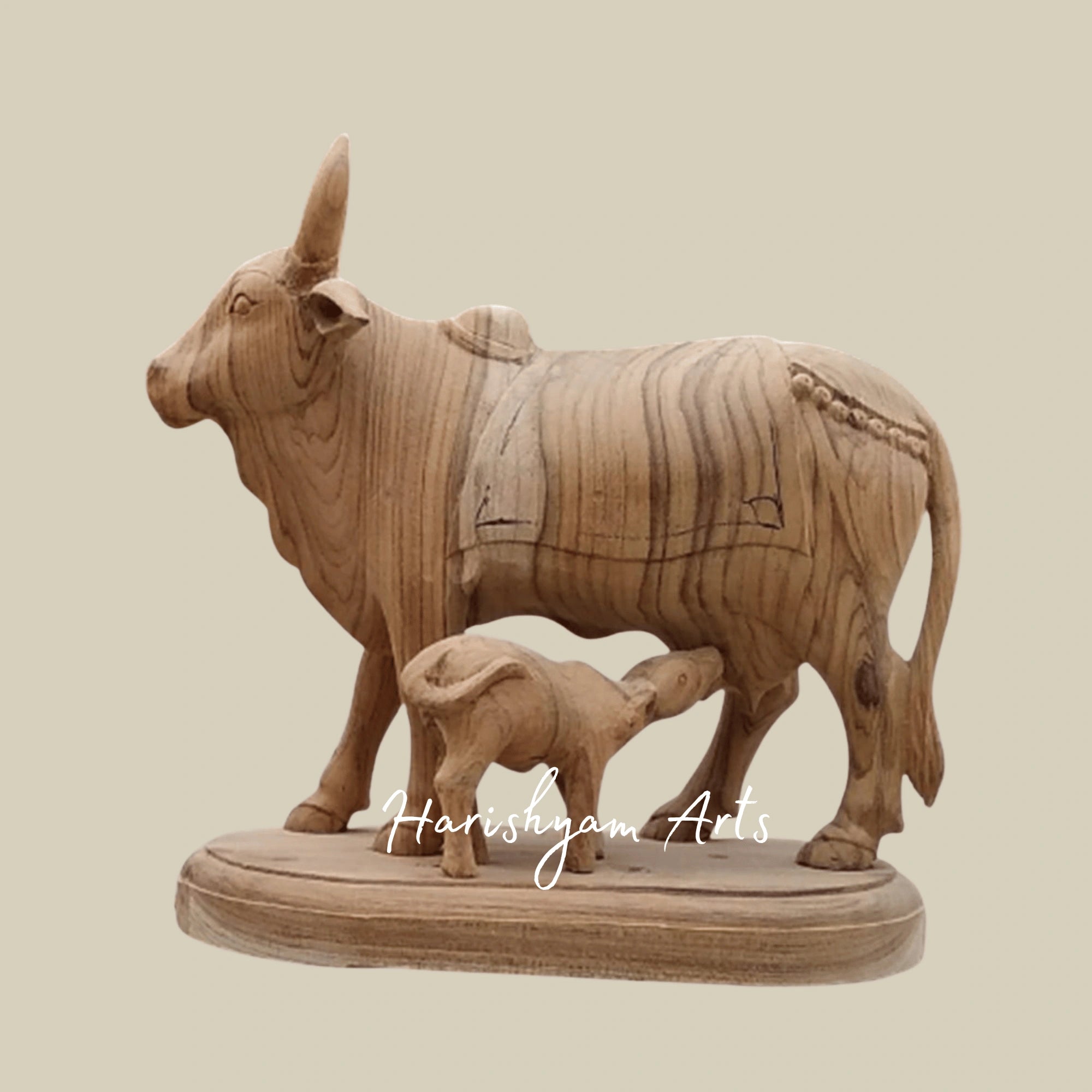 12" Artisan Handcrafted Wooden Cow with Calf – Indian Folk Art Decor