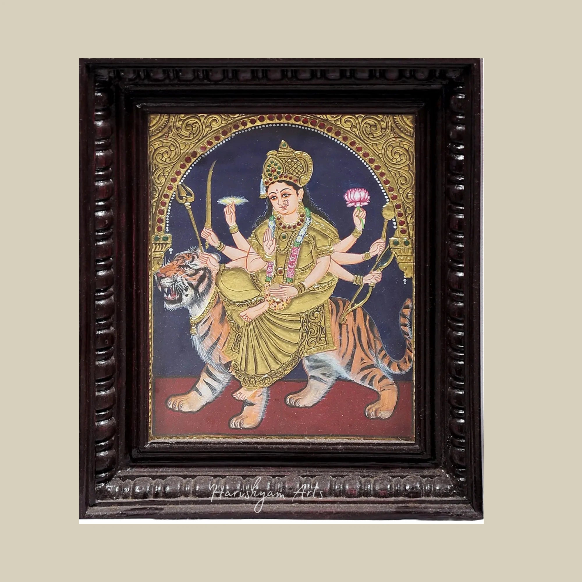 12" Ashtabhuja Durga Tanjore Painting in Teakwood Frame and Gold Finish