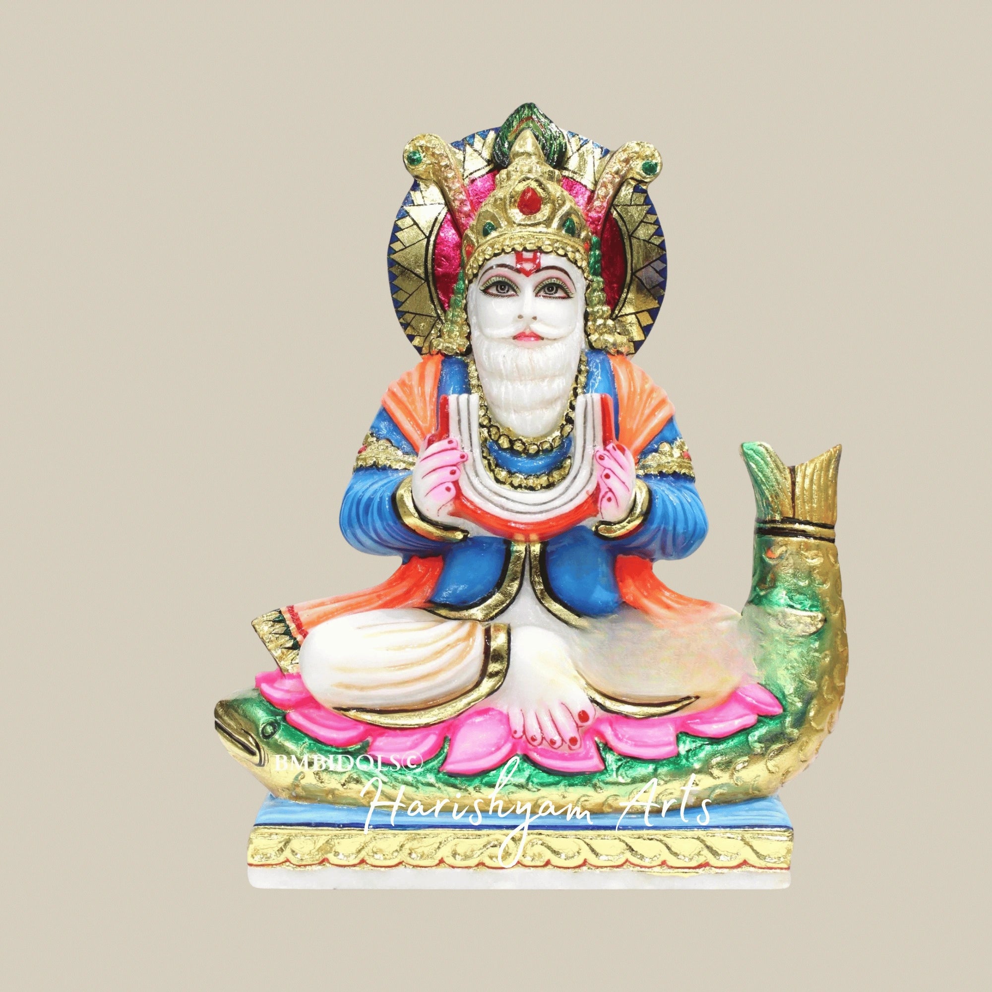 12" Bhagwan Jhulelal Ji Murti In White Marble For Temples And Sacred Spaces