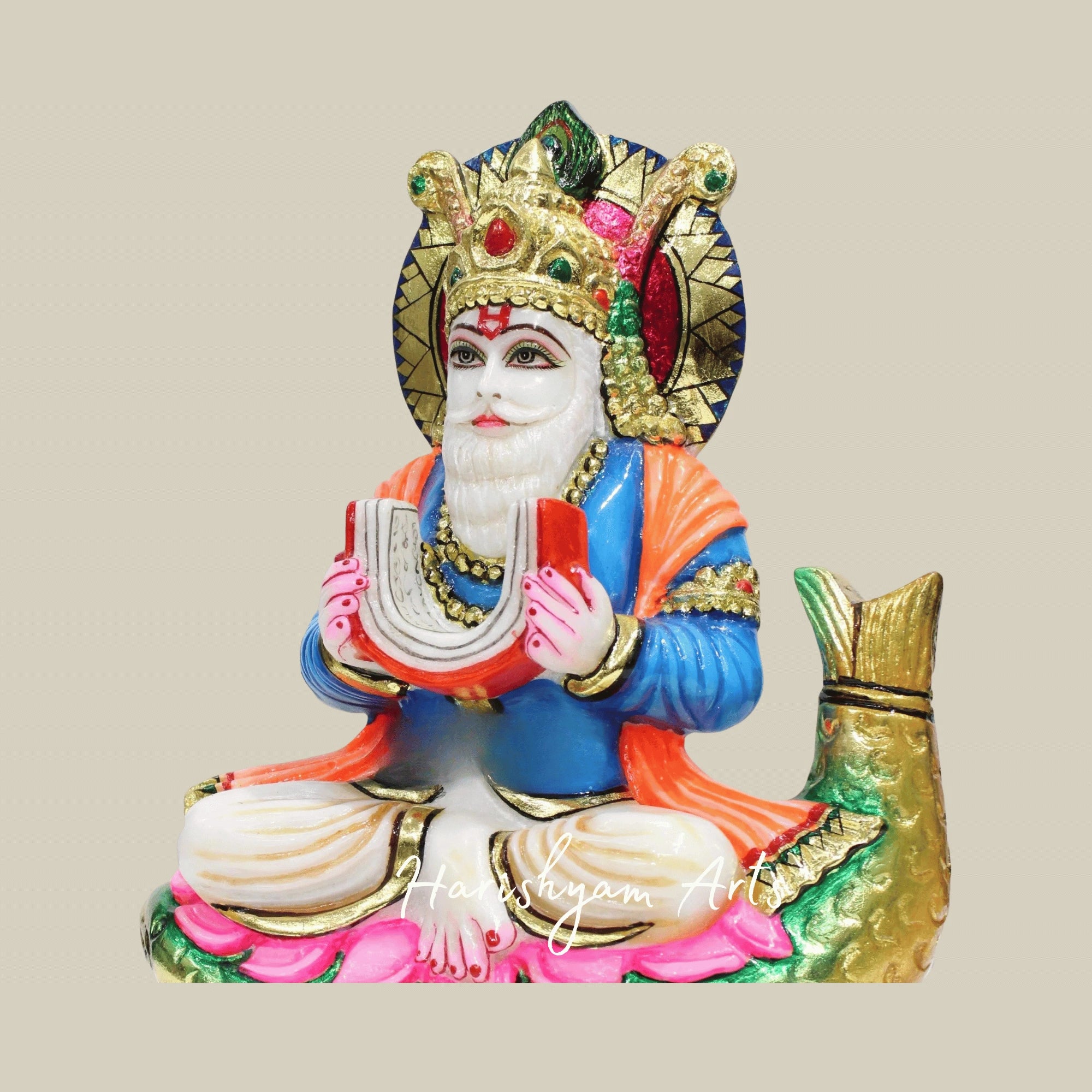 12" Bhagwan Jhulelal Ji Murti In White Marble For Temples And Sacred Spaces