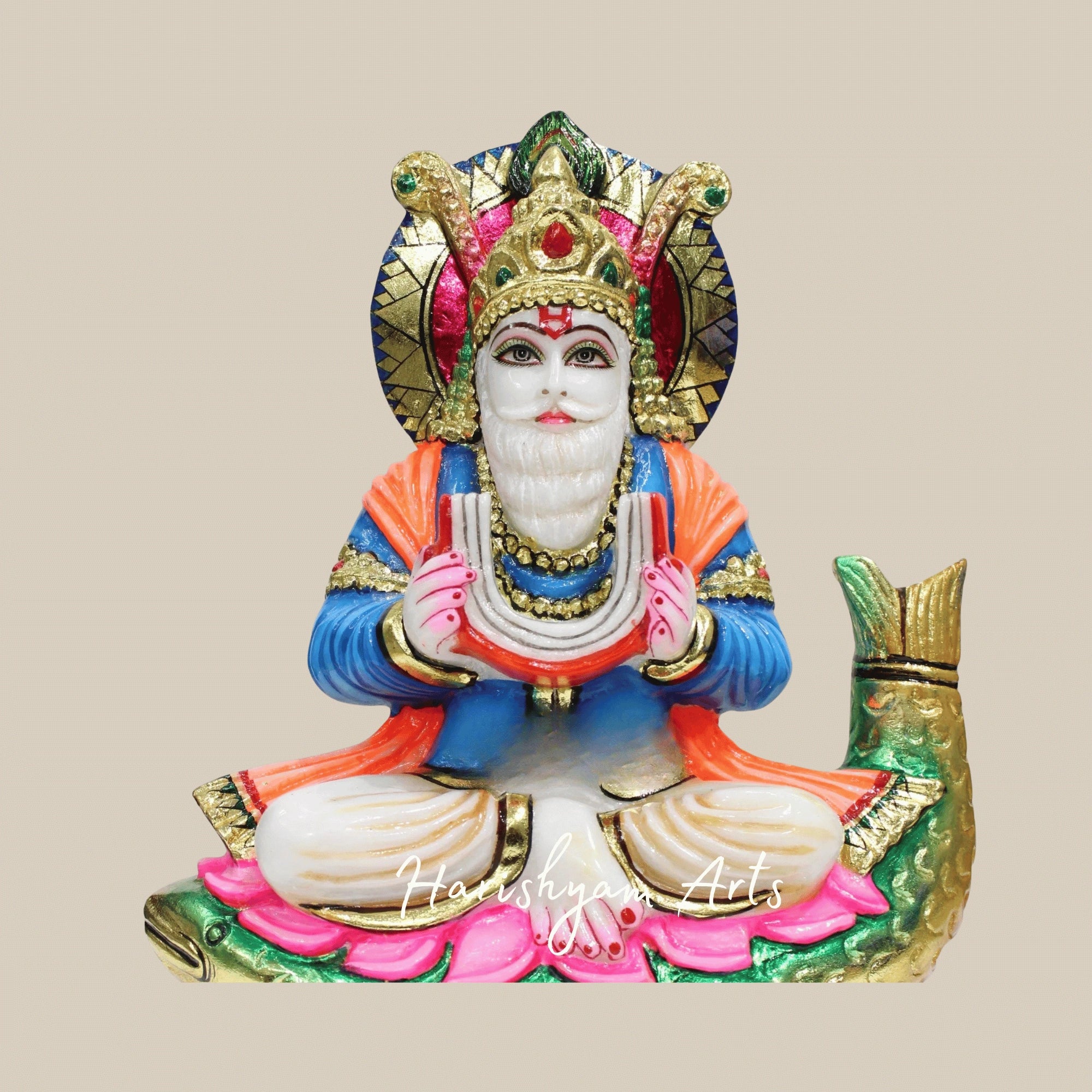 12" Bhagwan Jhulelal Ji Murti In White Marble For Temples And Sacred Spaces