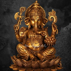 12" Brass Ganesha Statue Seated On Lotus Base