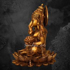 12" Brass Ganesha Statue Seated On Lotus Base