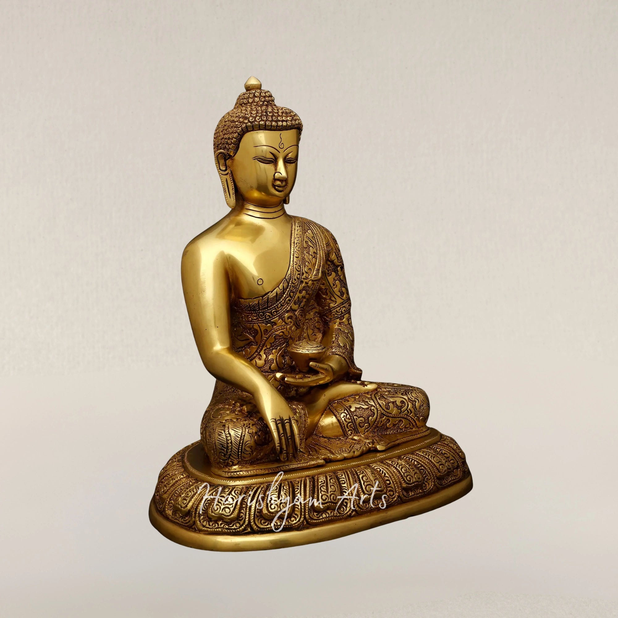 12" Brass Lord Buddha Statue in Bhumisparsha Mudra for Home and Temple Decor