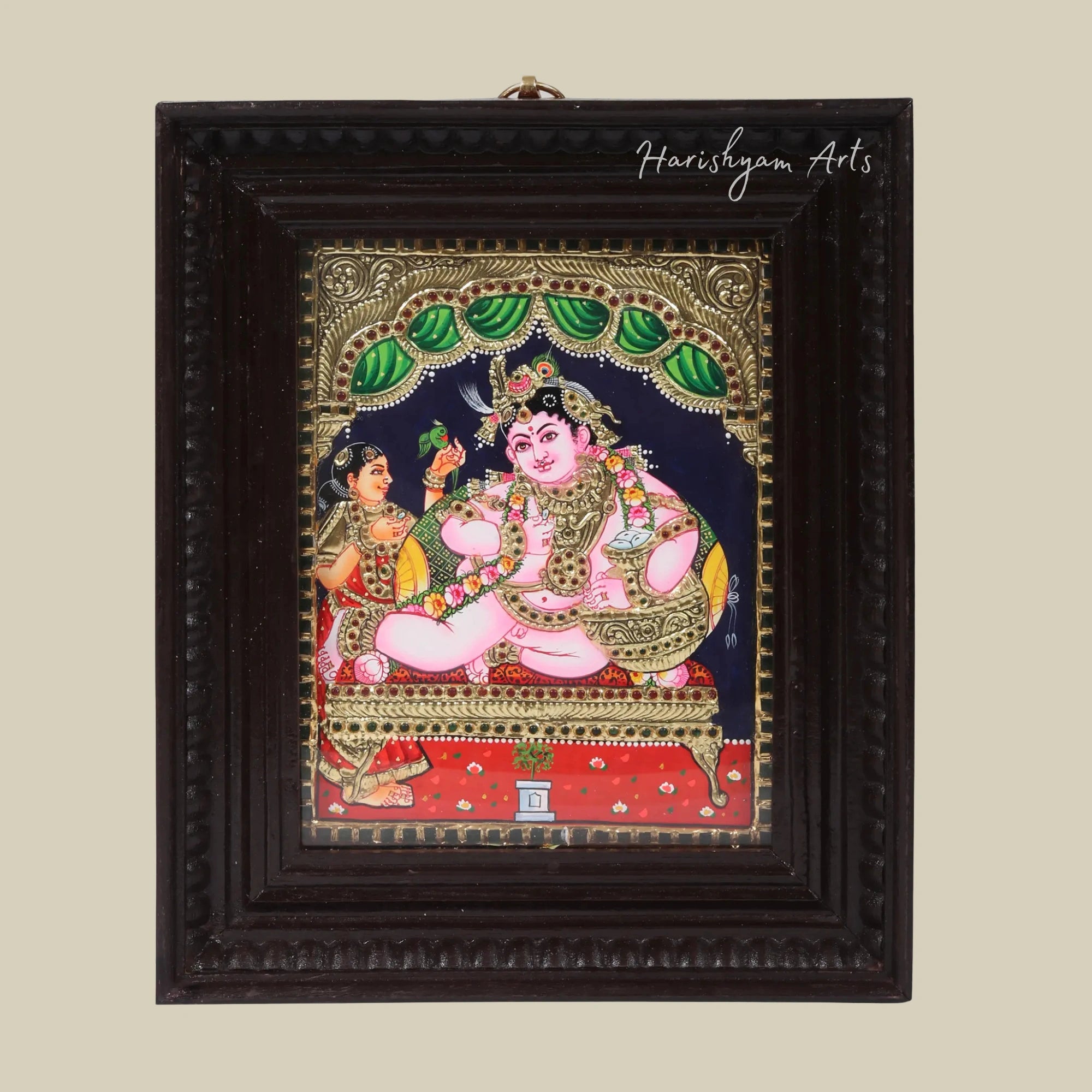 12" Butter Krishna Tanjore Painting with Traditional Colors and Gold Teakwood Frame