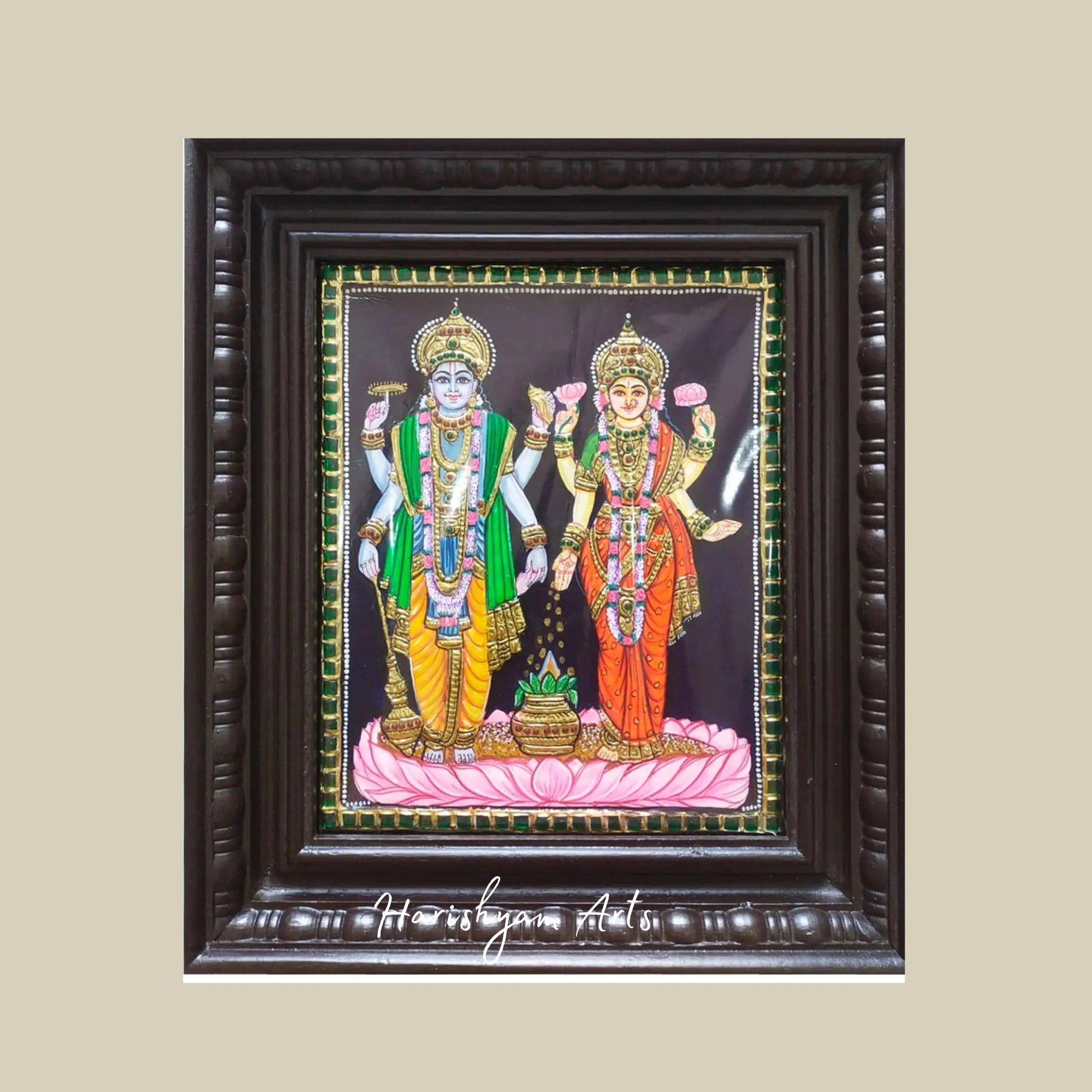 12" Chaturbhuj Vishnu and Lakshmi Tanjore Painting with Gold Foil Work