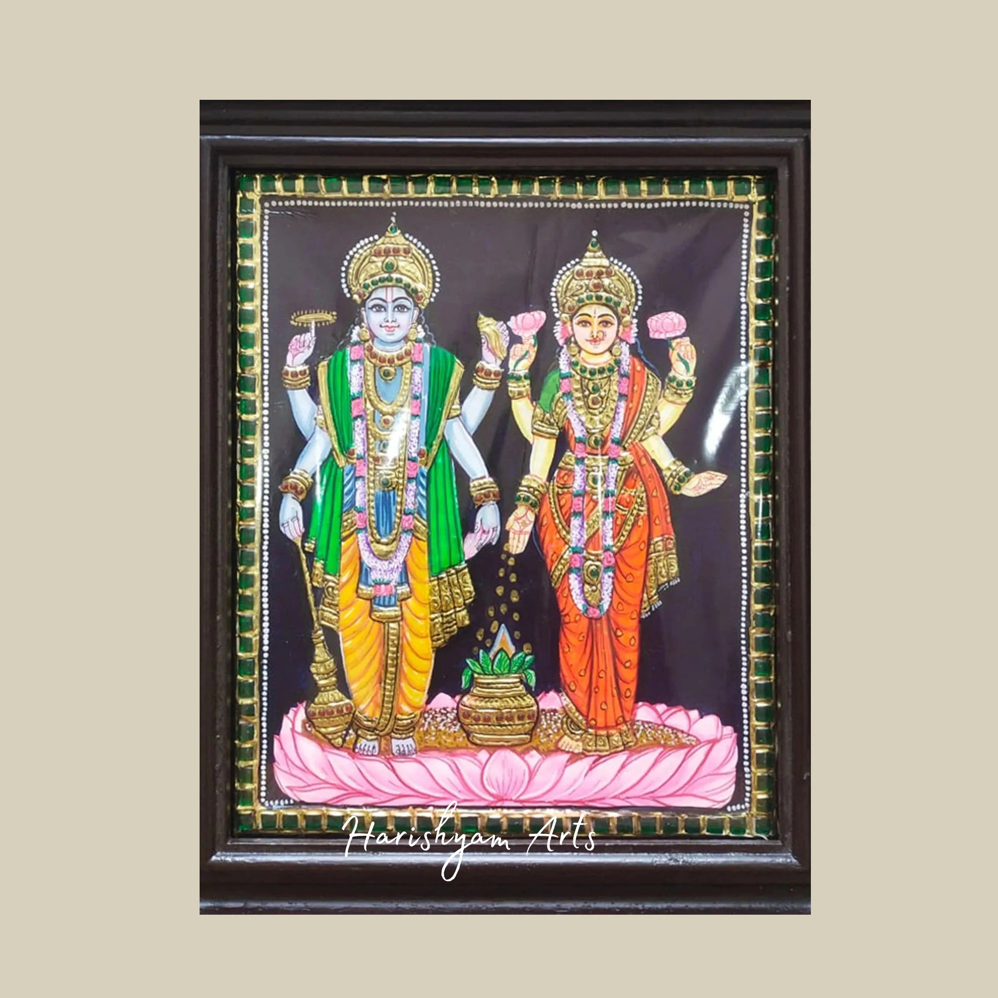 12" Chaturbhuj Vishnu and Lakshmi Tanjore Painting with Gold Foil Work